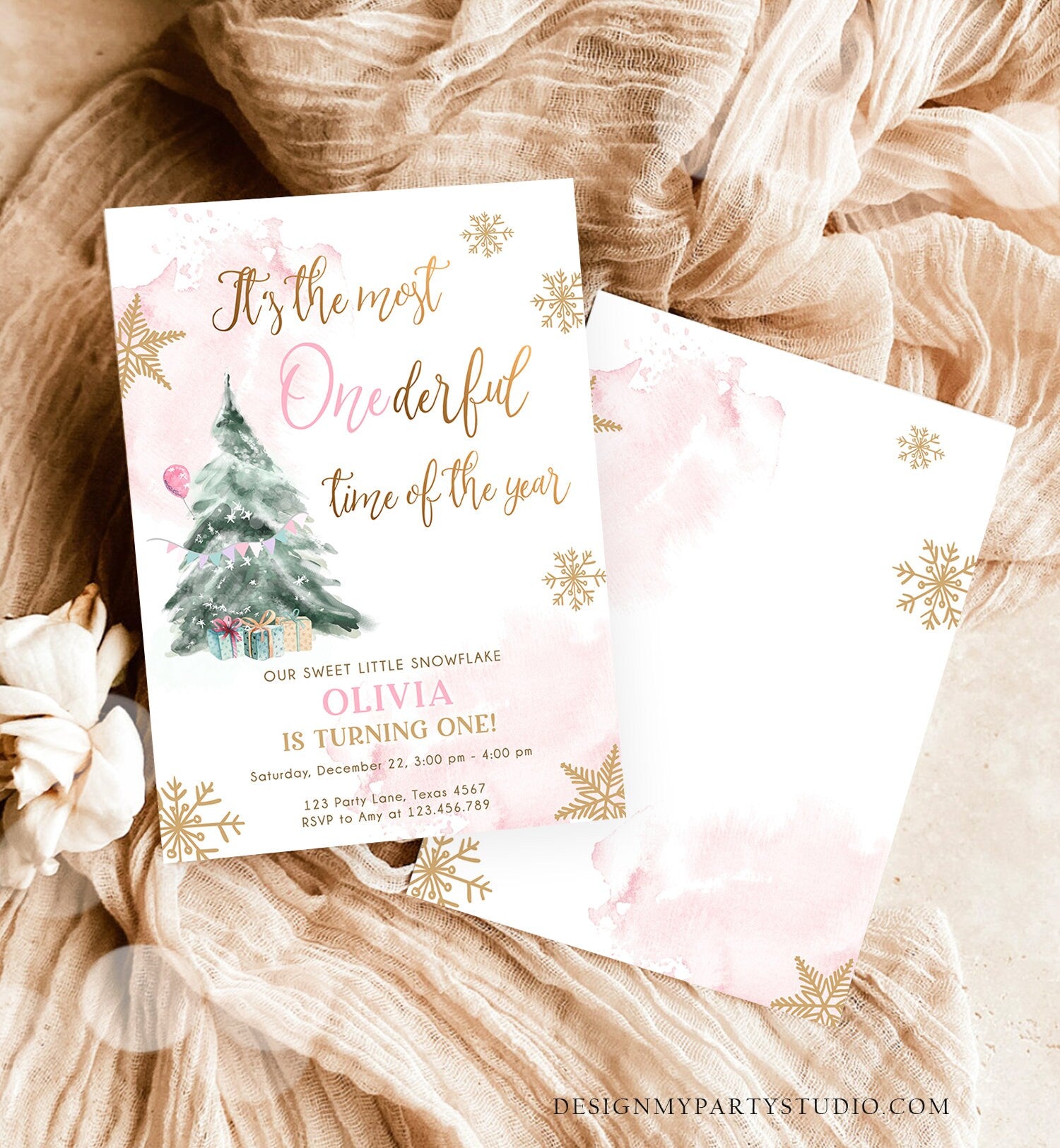 Editable Most Onederful Time Of The Year Birthday Invitation First Winter ONEderland Pink Gold Tree Christmas Snowflake Corjl Template 0363