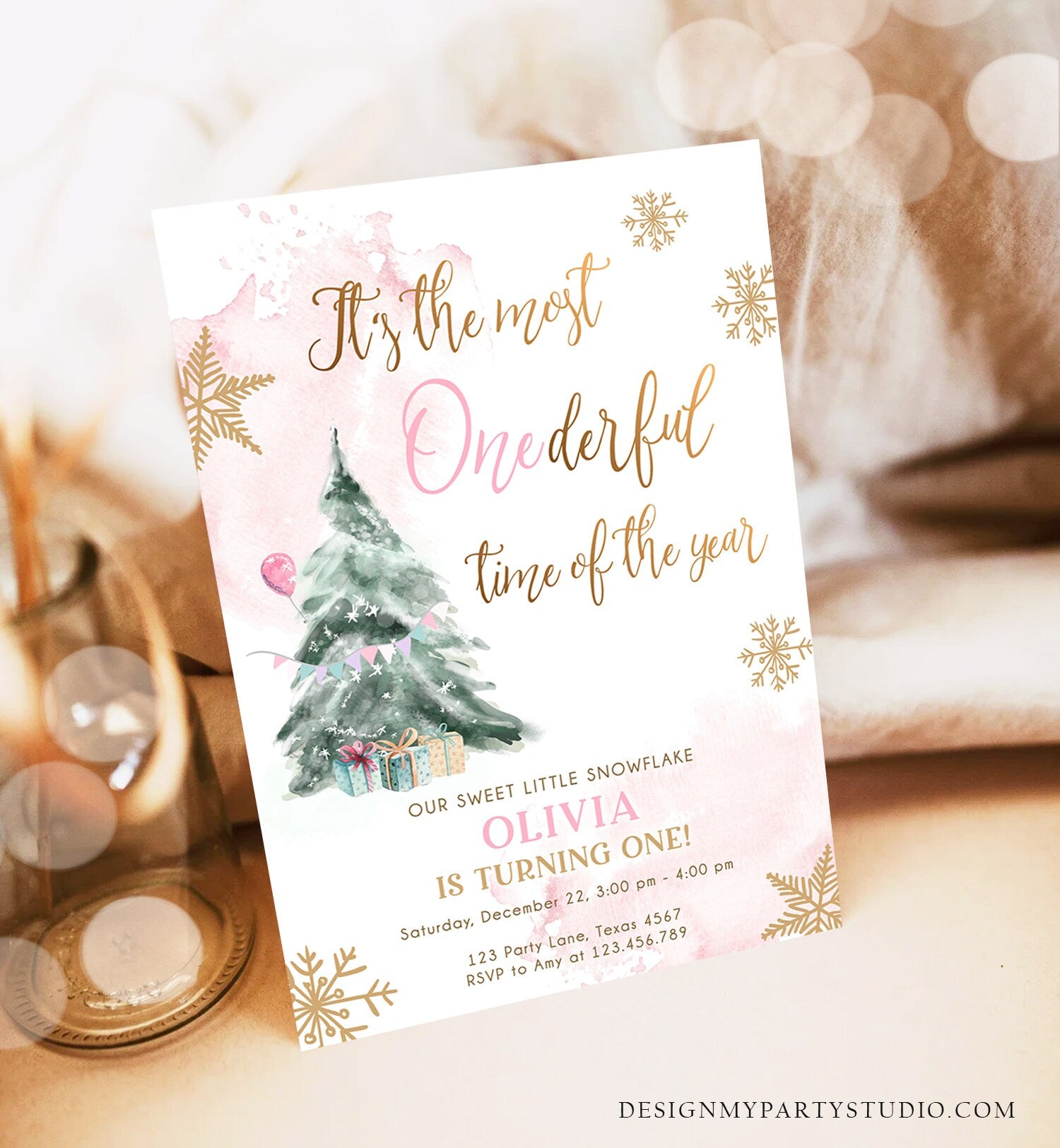 Editable Most Onederful Time Of The Year Birthday Invitation First Winter ONEderland Pink Gold Tree Christmas Snowflake Corjl Template 0363