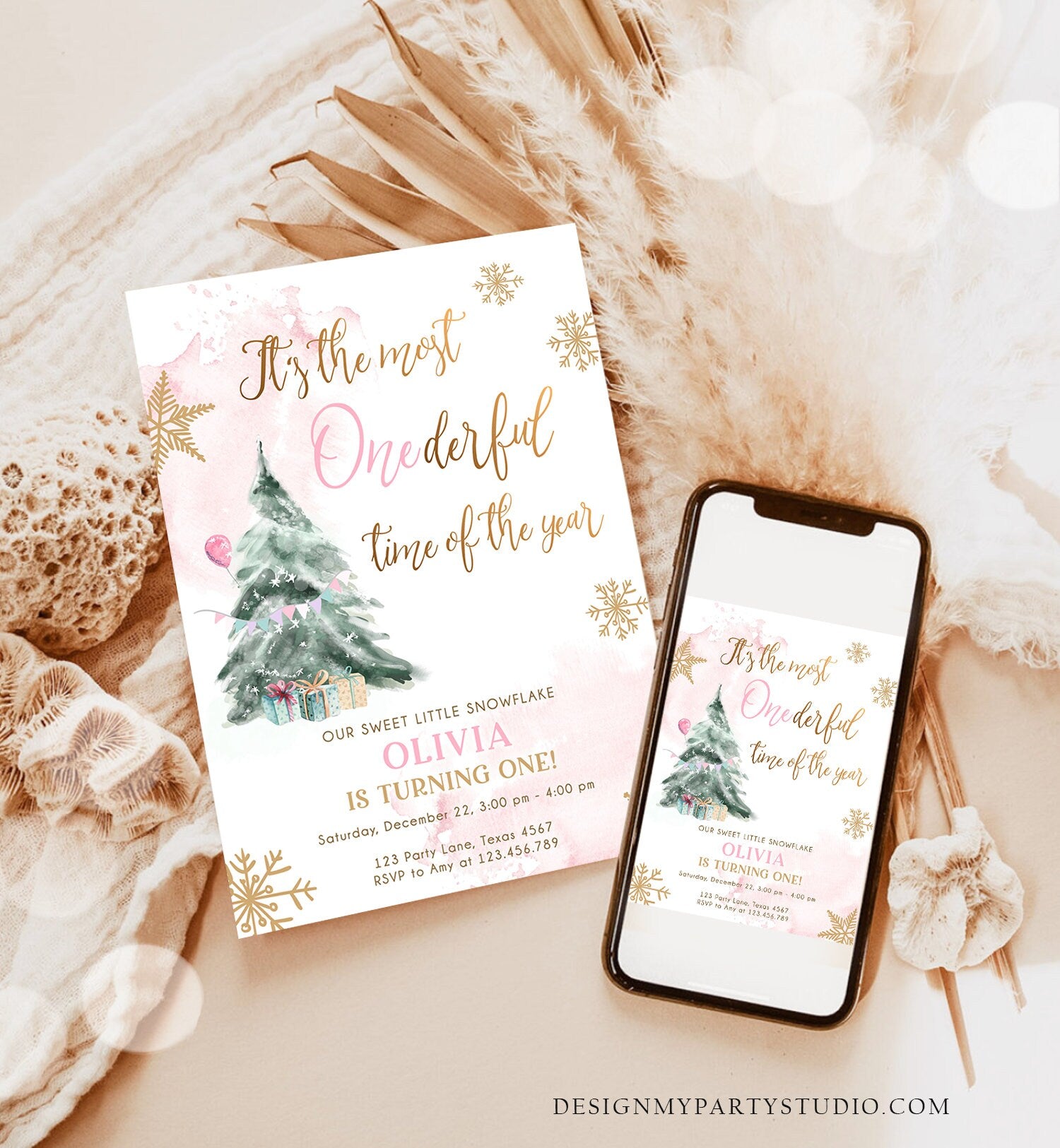 Editable Most Onederful Time Of The Year Birthday Invitation First Winter ONEderland Pink Gold Tree Christmas Snowflake Corjl Template 0363