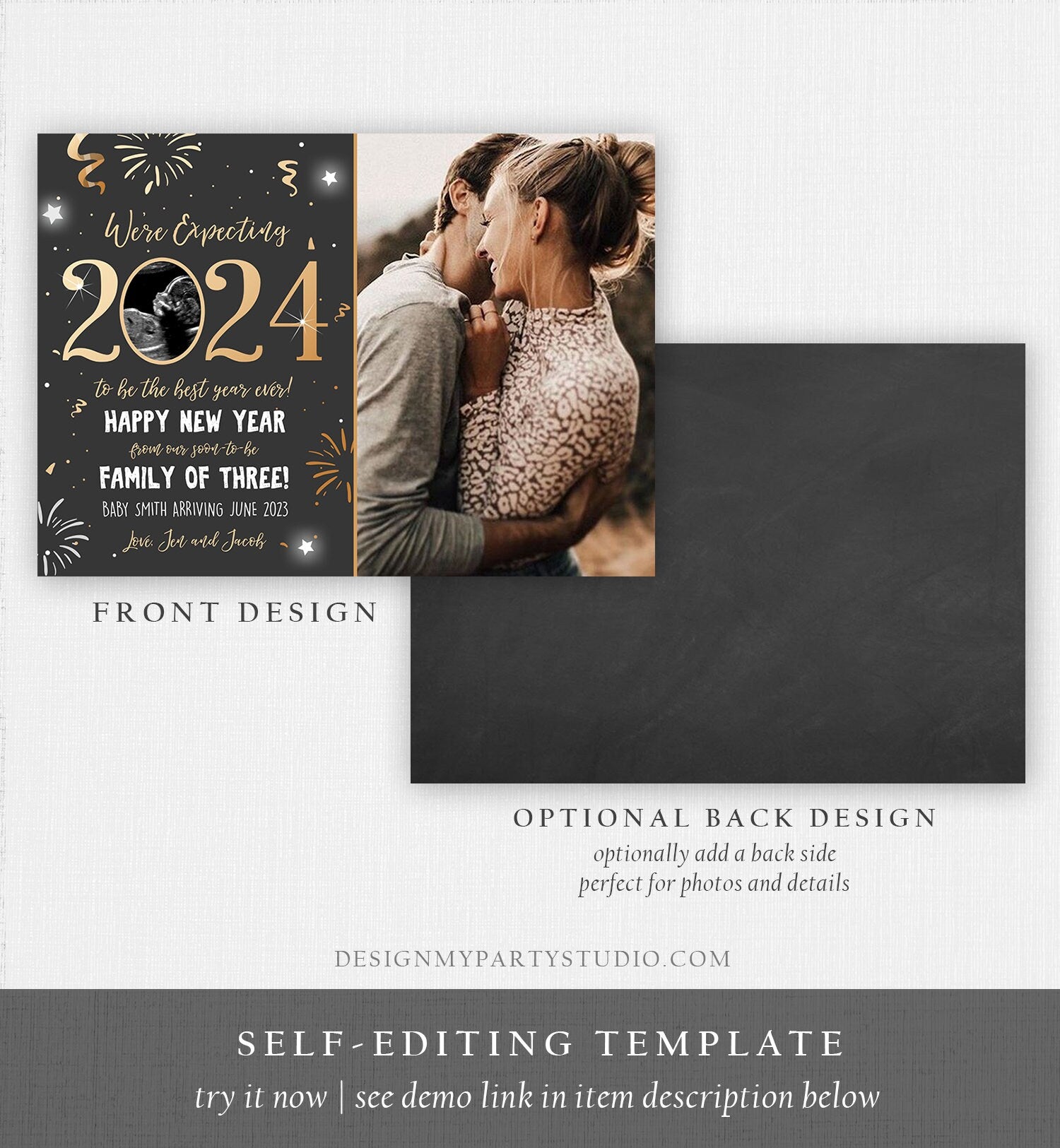 Editable New Year Pregnancy Reveal Card Pregnancy Announcement New Years 2024 Ultrasound Card Instant Download Digital Corjl Template 0280