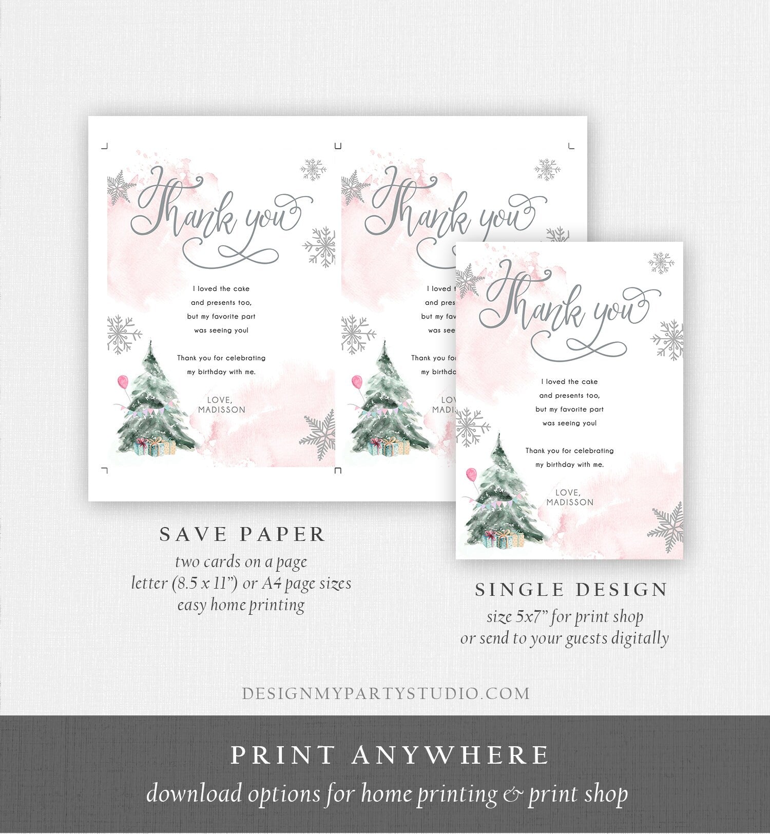 Editable Winter Tree Thank You Card Watercolor Birthday Winter Onederland Pink Girl Christmas Snow Snowflake Template Download Corjl 0363