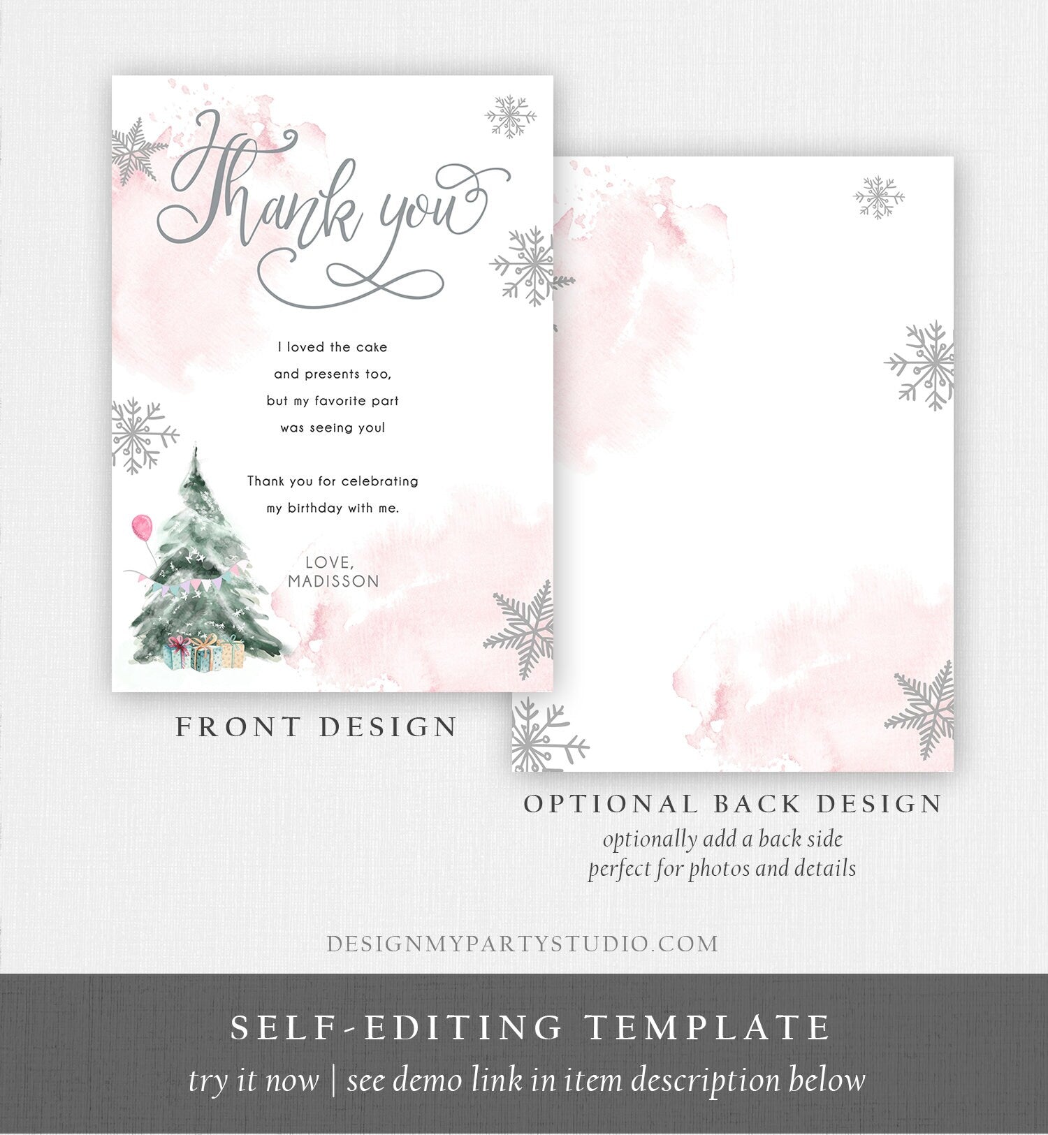 Editable Winter Tree Thank You Card Watercolor Birthday Winter Onederland Pink Girl Christmas Snow Snowflake Template Download Corjl 0363