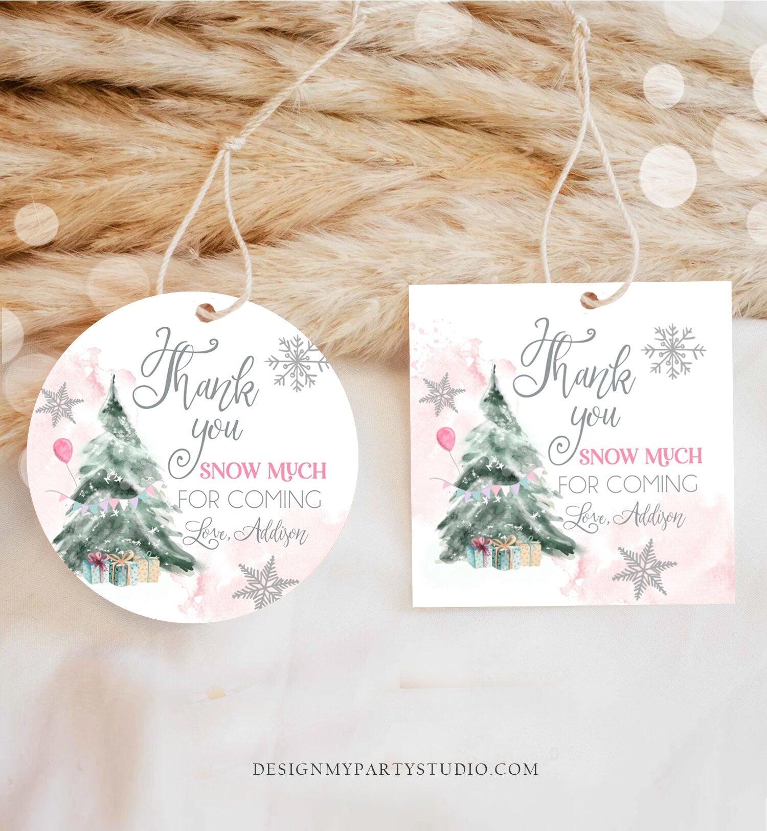 Editable Winter Tree Thank You Tag Winter Onederland Girl Christmas Thank You Snow Much Birthday Pink Silver Gift Corjl Printable 0363