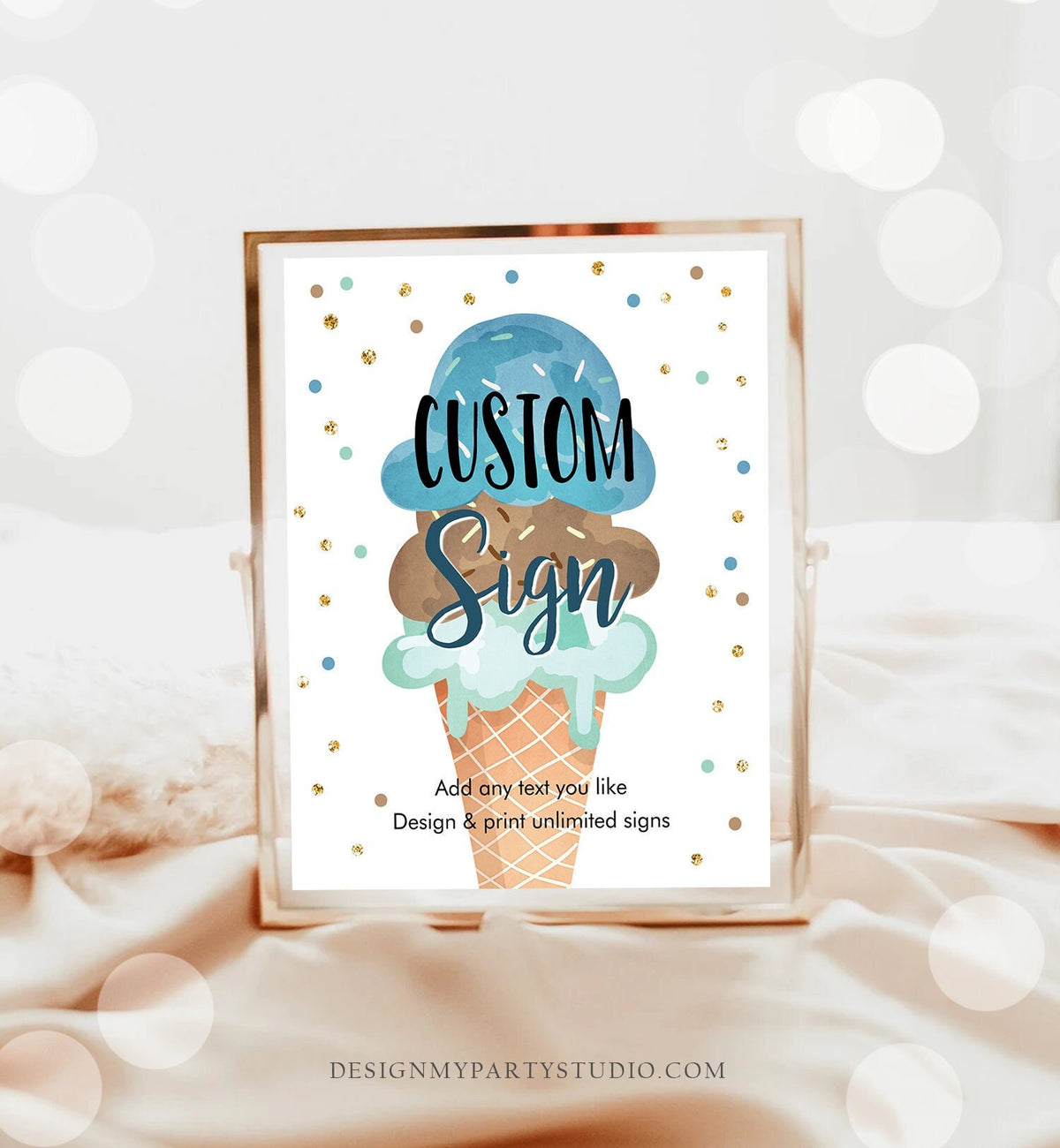 Editable Custom Sign Ice Cream Soft Confetti Birthday Baby Shower Party Boy Gold Blue Chocolate Table Bar Digital Template Printable 0243