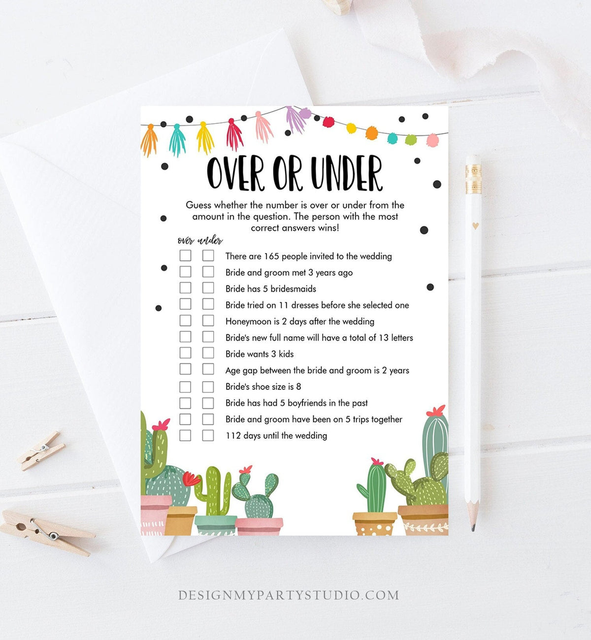 Editable Over or Under Bridal Shower Game Cactus Fiesta Mexican Coed Shower Games Succulent Wedding Activity Corjl Template Printable 0254