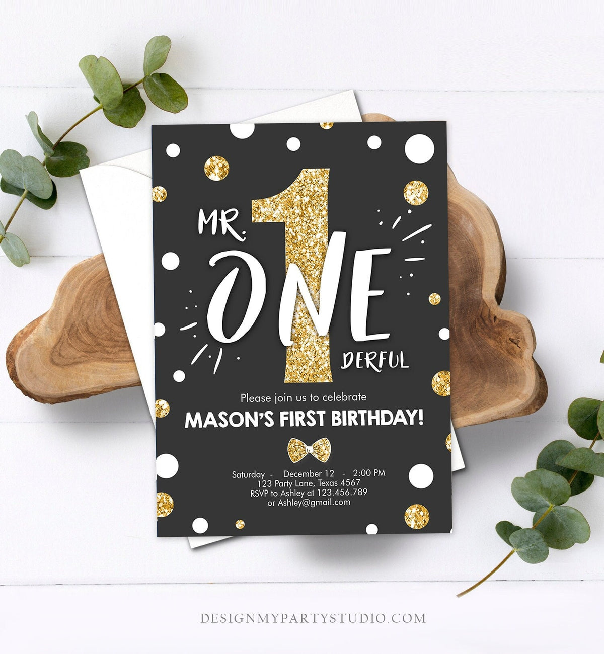 Editable Mr Onederful Birthday Invitation Black Gold Glitter Boy Bow Tie Confetti First Birthday 1st Digital Corjl Template Printable 0072