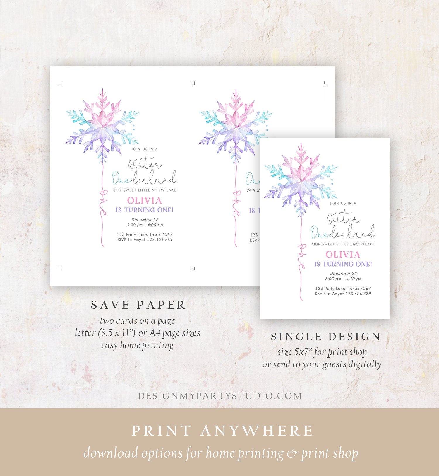 Editable Winter ONEderland Birthday Invitation First Birthday 1st Girl Pink Purple Snowflake Watercolor Minimalist Corjl Template 0494