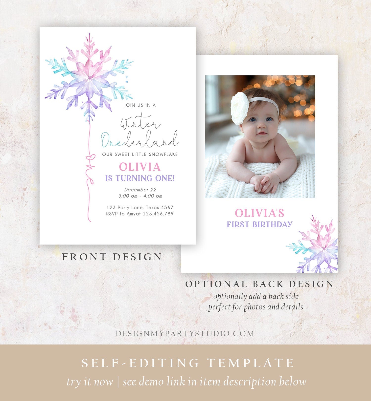 Editable Winter ONEderland Birthday Invitation First Birthday 1st Girl Pink Purple Snowflake Watercolor Minimalist Corjl Template 0494