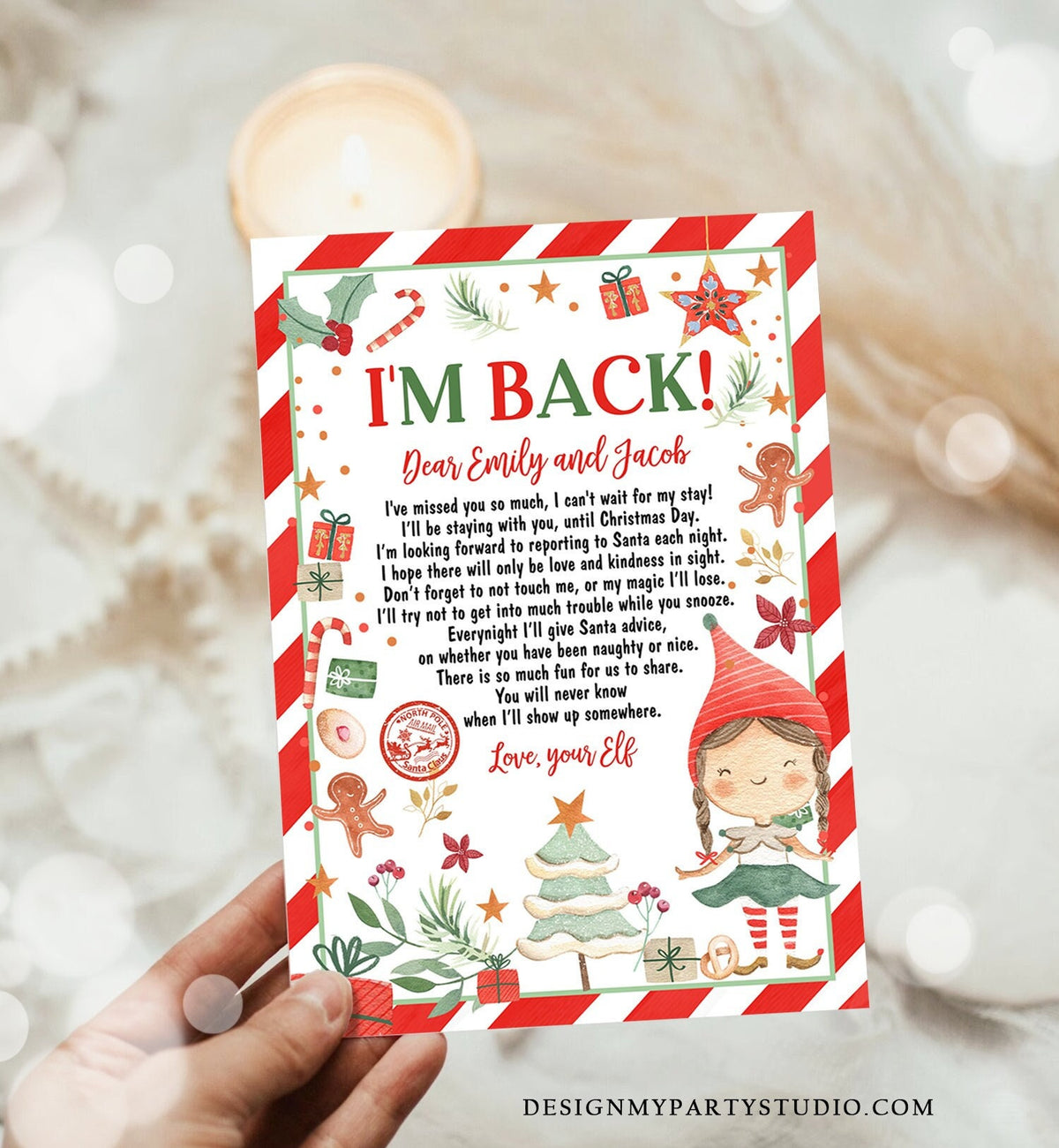 Editable Elf Arrival Letter Return Letter Christmas Elf I&#39;m Back Letter from Elf Welcome Hello from Elf Girl Digital Printable Template 0358