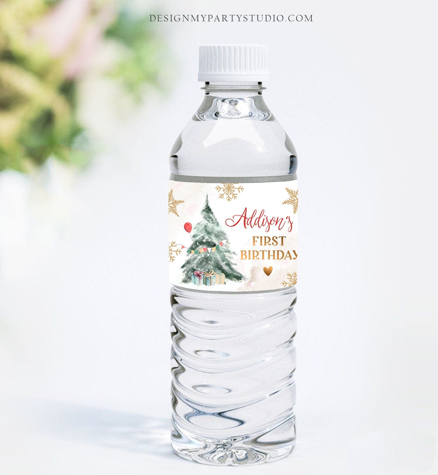 Editable Winter Onederland Water Bottle Labels Winter Birthday Party Red Neutral Gold Wonderland Party Digital Template Printable 0363