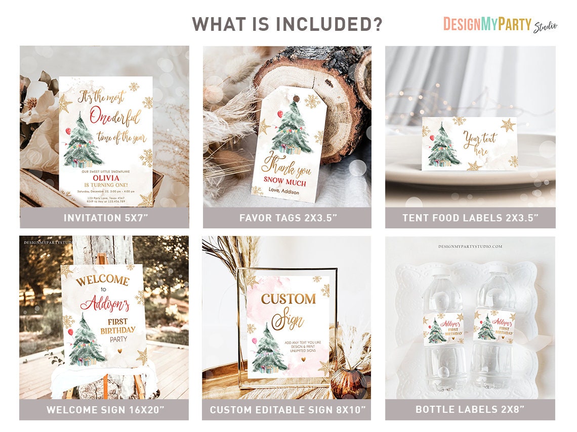 Winter ONEderland Birthday Bundle Christmas Neutral Red Gold 1st First Birthday Tree Snowflakes Watercolor Printable Evite Template 0363