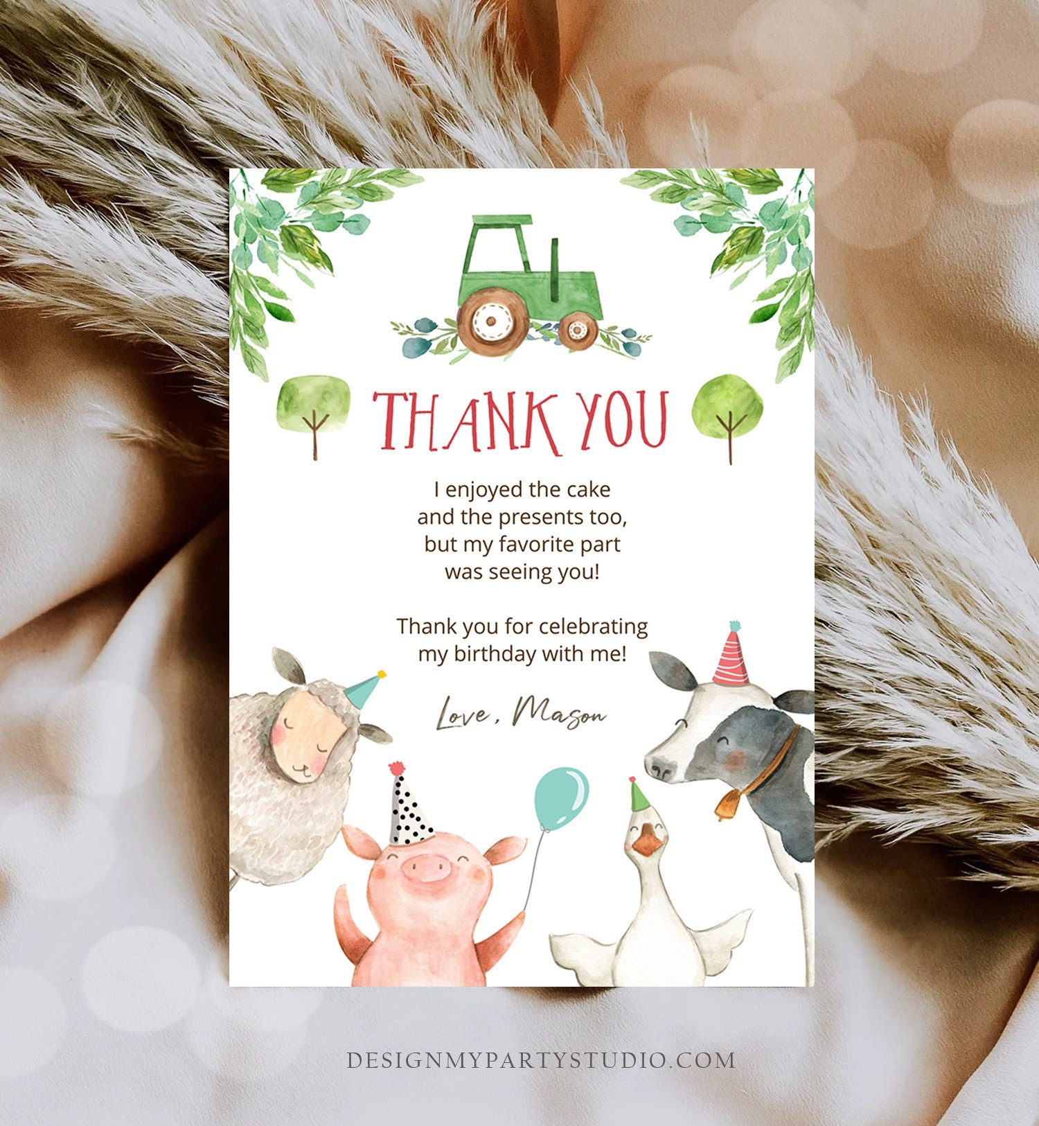 Editable Farm Animals Thank You Card Green Gingham Tractor Farm Birthday Boy Barnyard Note Birthday Corjl Template Instant Download 0155