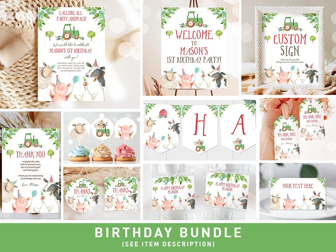 Farm Animals Birthday Invitation Bundle Boy Farm Barnyard Green Tractor Party Animals Farm Birthday Pack First Printable Corjl Template 0155