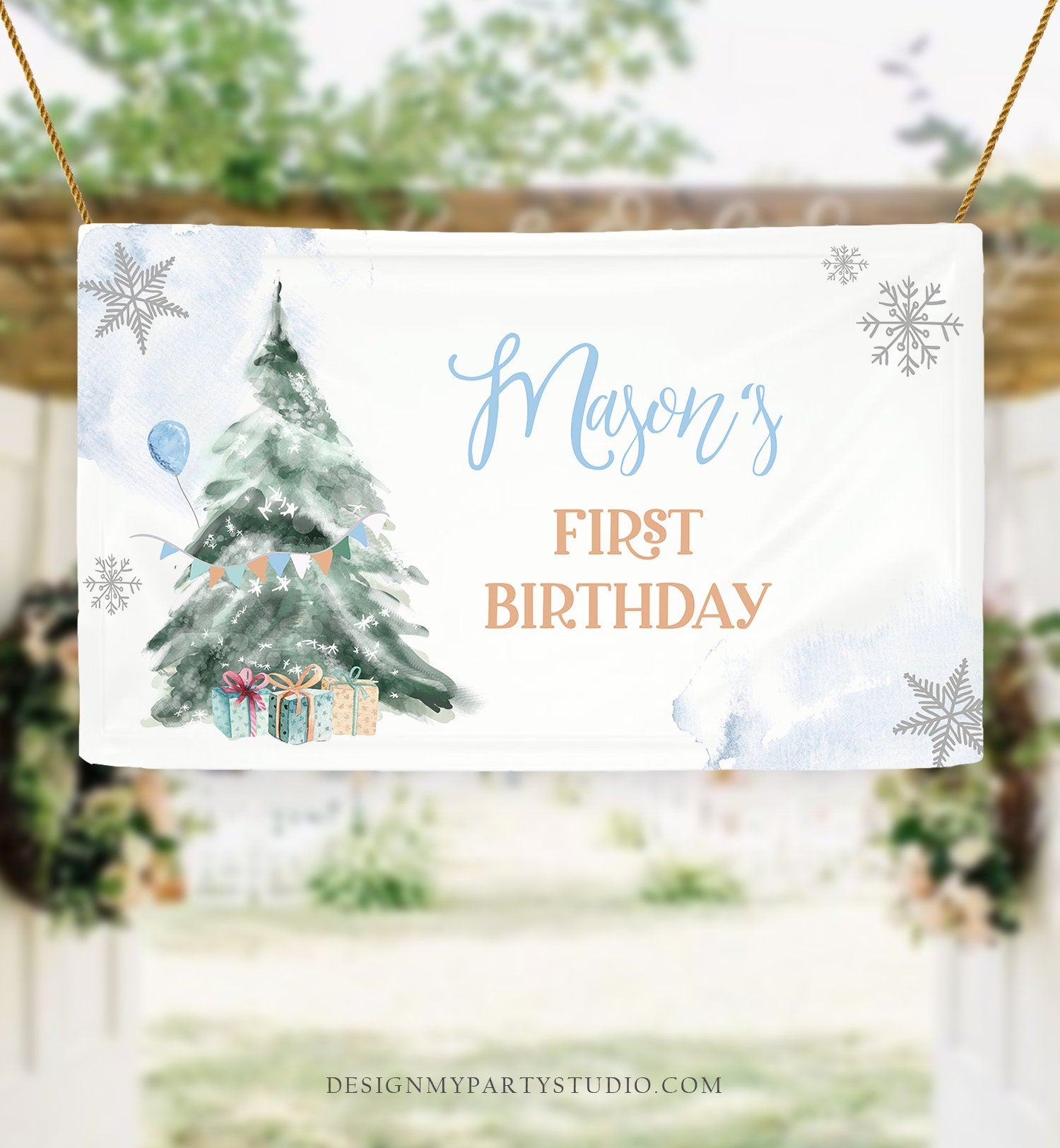 Editable Winter Tree Backdrop Banner Boy Blue Silver Christmas Birthday Winter Onederland Snow Download Corjl Template Printable 0363