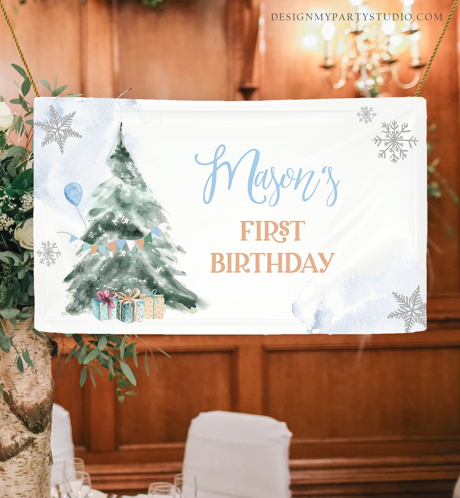 Editable Winter Tree Backdrop Banner Boy Blue Silver Christmas Birthday Winter Onederland Snow Download Corjl Template Printable 0363