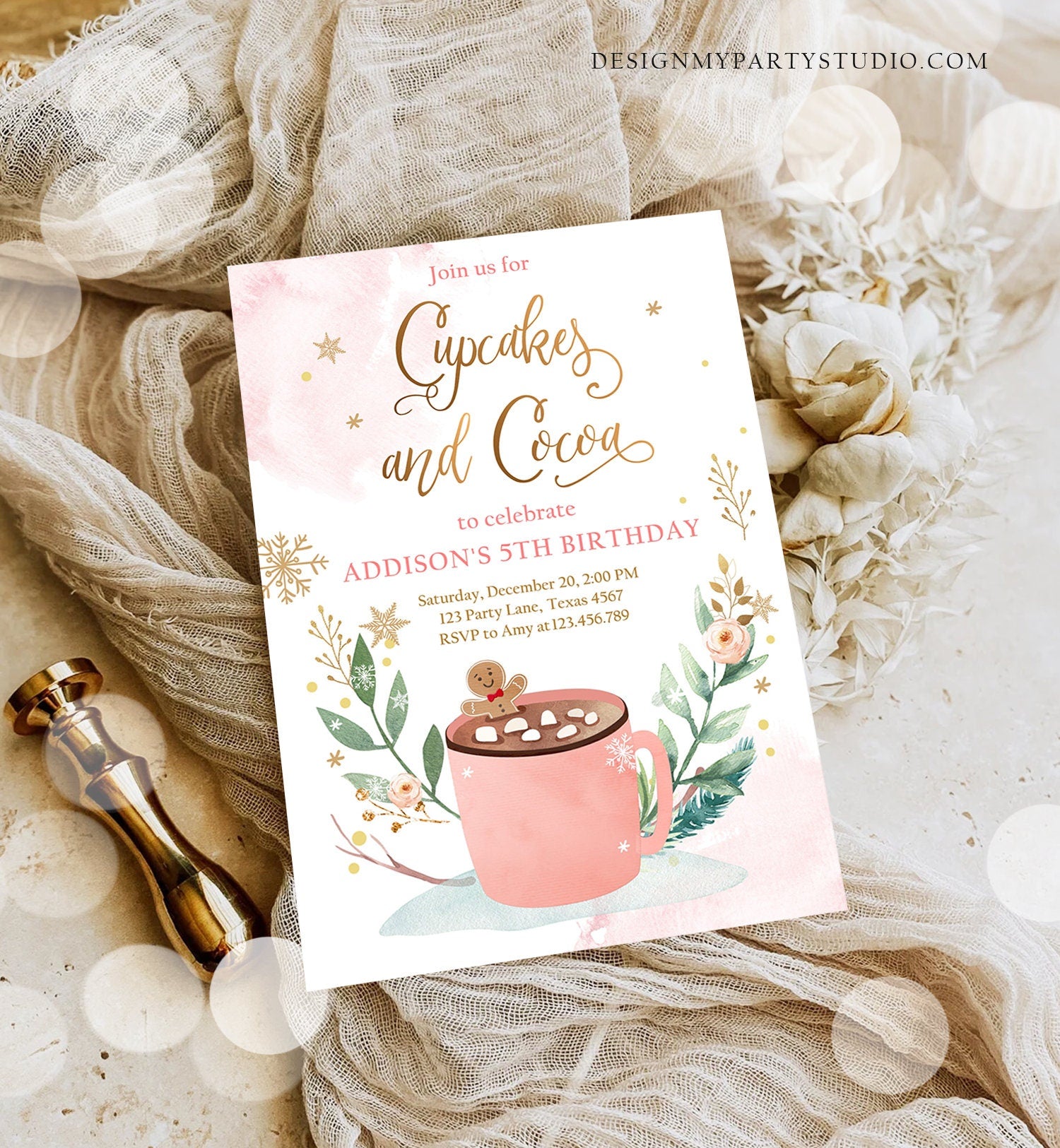 Editable Cupcakes and Cocoa Invitation Hot Cocoa Party Hot Chocolate Christmas Birthday Girl Pink Gold Printable Template Corjl 0353