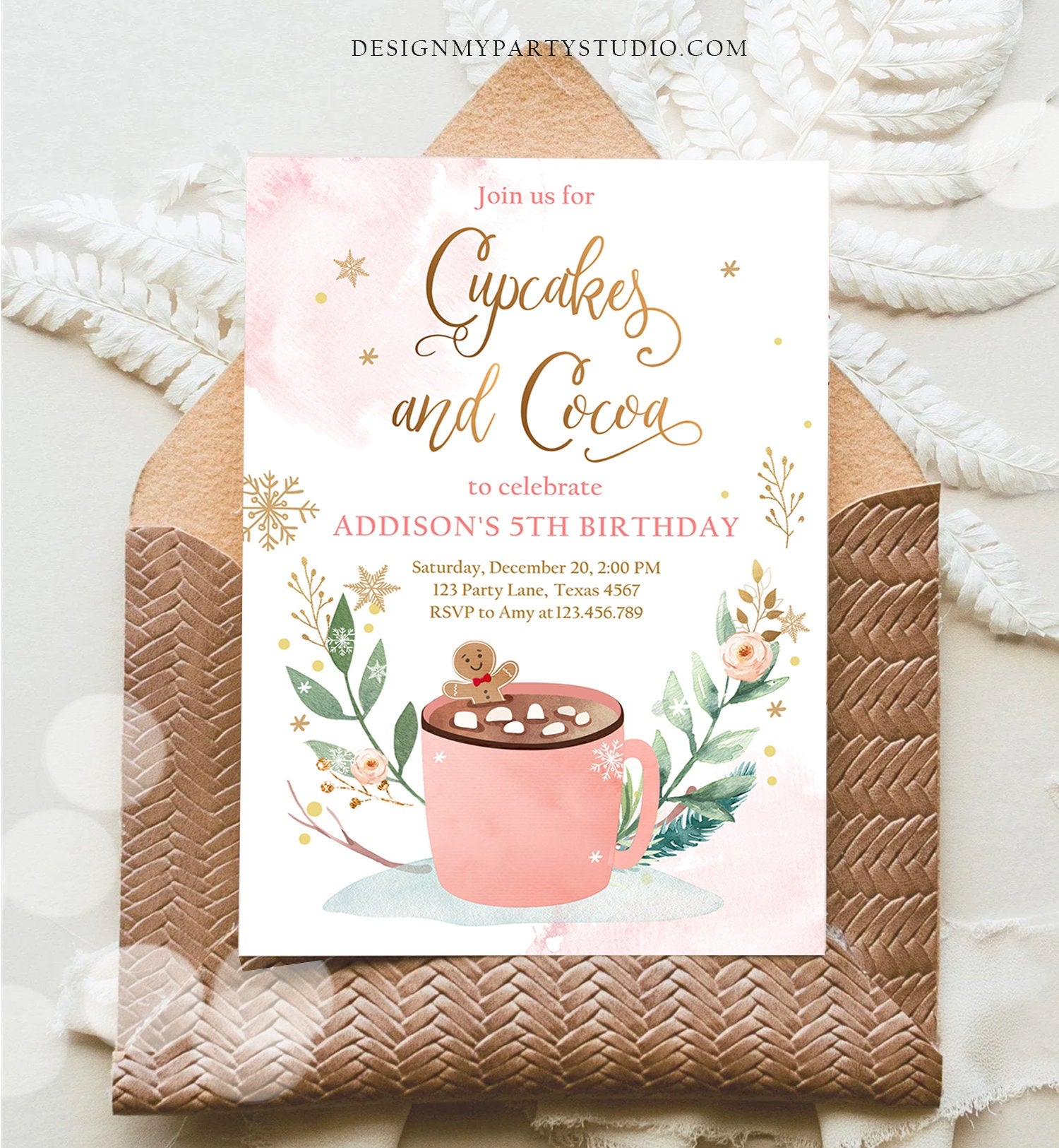 Editable Cupcakes and Cocoa Invitation Hot Cocoa Party Hot Chocolate Christmas Birthday Girl Pink Gold Printable Template Corjl 0353