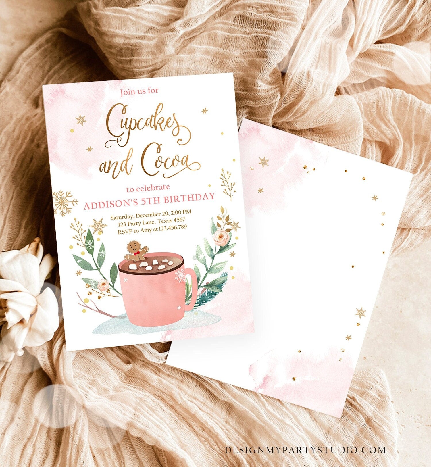 Editable Cupcakes and Cocoa Invitation Hot Cocoa Party Hot Chocolate Christmas Birthday Girl Pink Gold Printable Template Corjl 0353