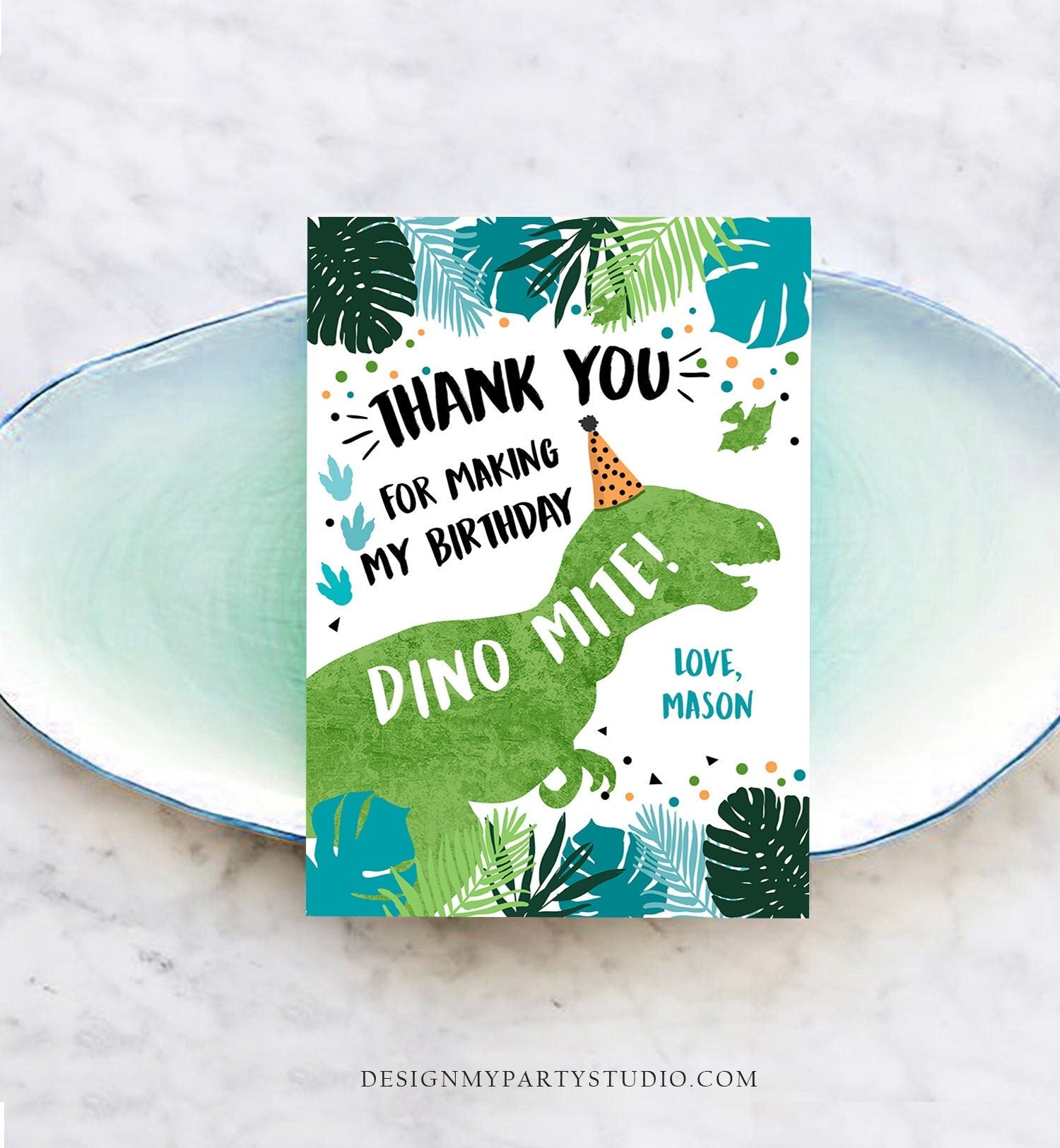 Editable Dinosaur Birthday Thank You Card Boy Green Gold Dino Party T-Rex Three-rex Prehistoric Printable Digital Download Template 0389