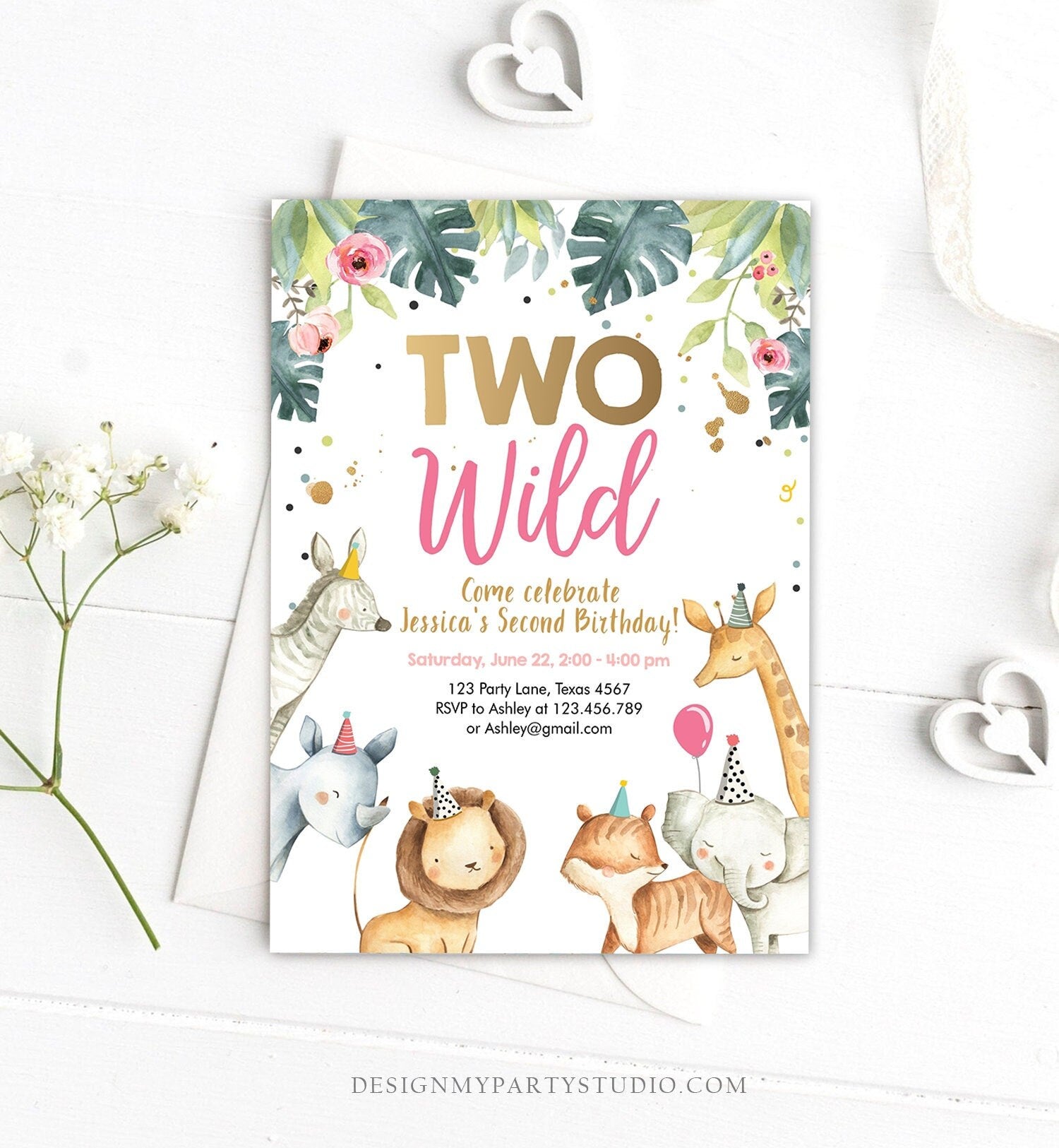 Editable Two Wild Birthday Invitation Safari Animals Girl Second 2nd Birthday Party Animals Digital Download Corjl Template Printable 0163