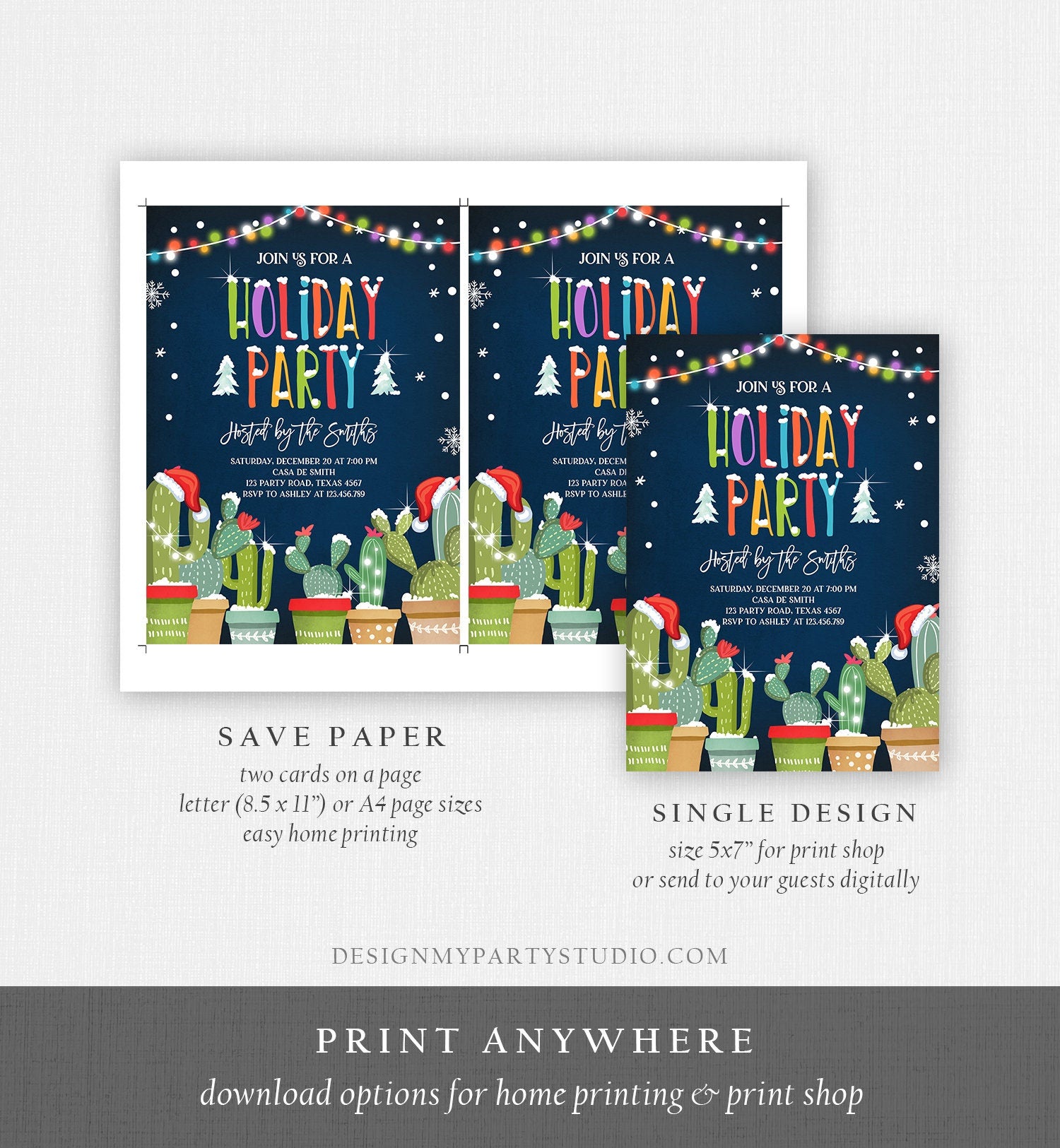 Editable Holiday Party Invitation Christmas Fiesta Cactus Mexican Holiday Feliz Navidad Xmas Party Digital Printable Corjl Template 0273