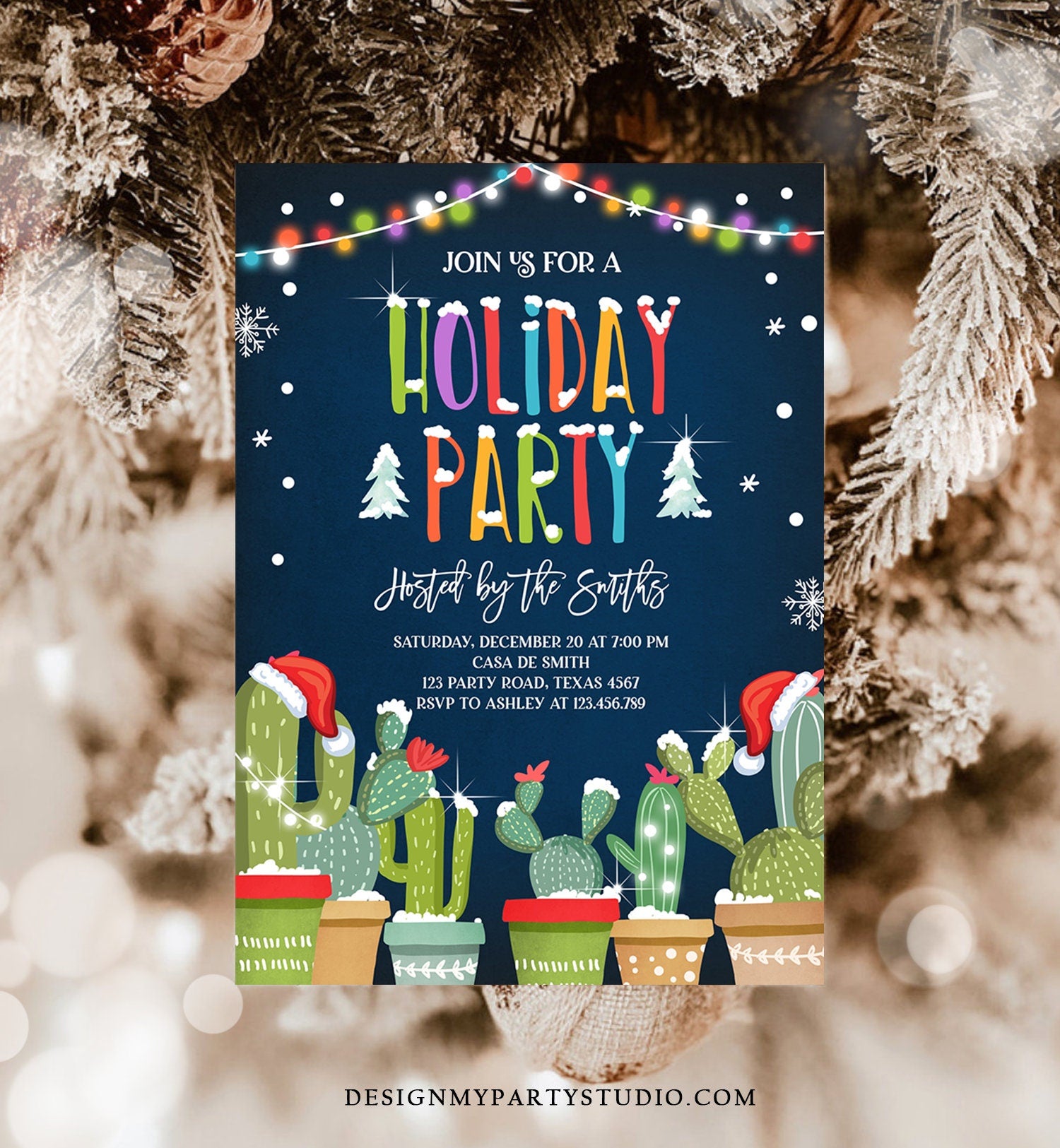 Editable Holiday Party Invitation Christmas Fiesta Cactus Mexican Holiday Feliz Navidad Xmas Party Digital Printable Corjl Template 0273