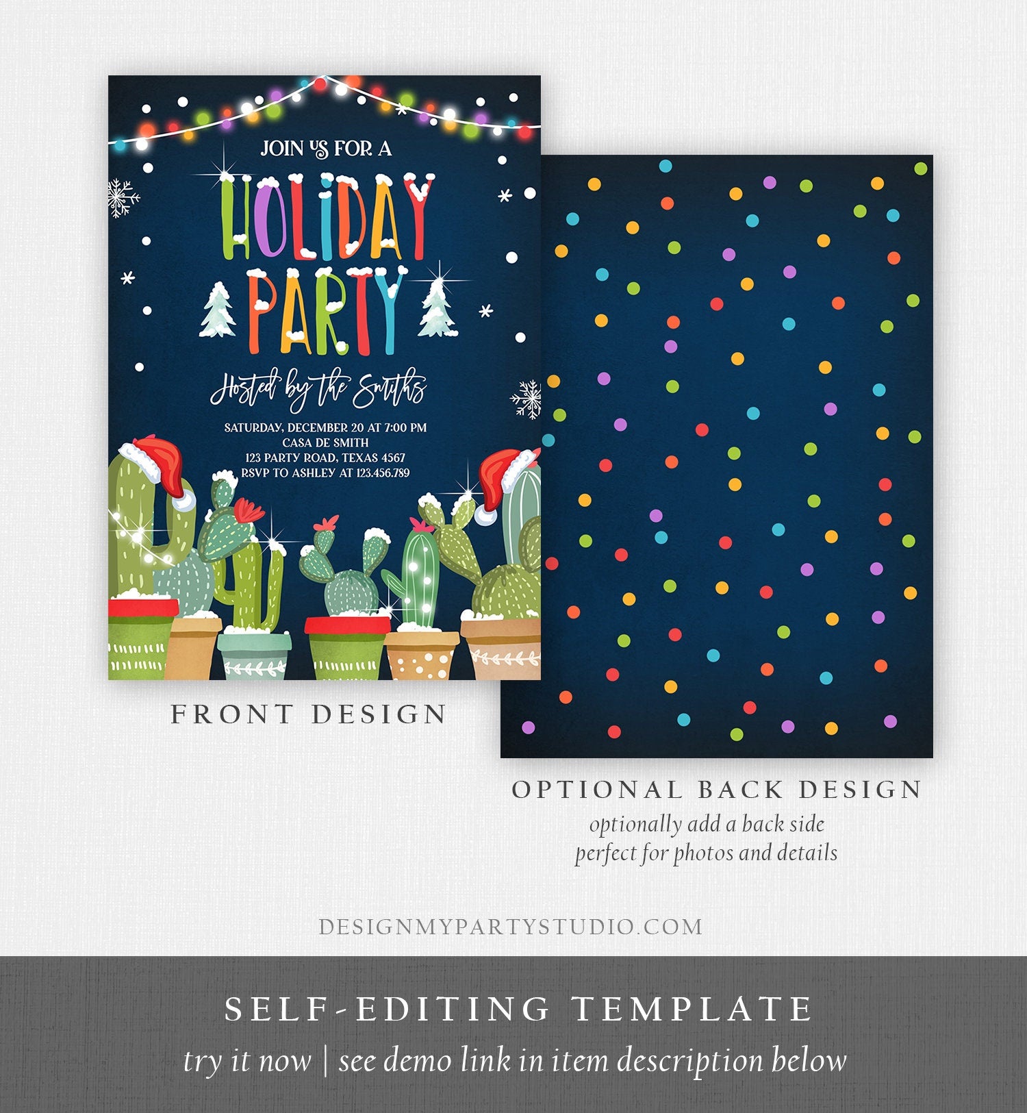 Editable Holiday Party Invitation Christmas Fiesta Cactus Mexican Holiday Feliz Navidad Xmas Party Digital Printable Corjl Template 0273