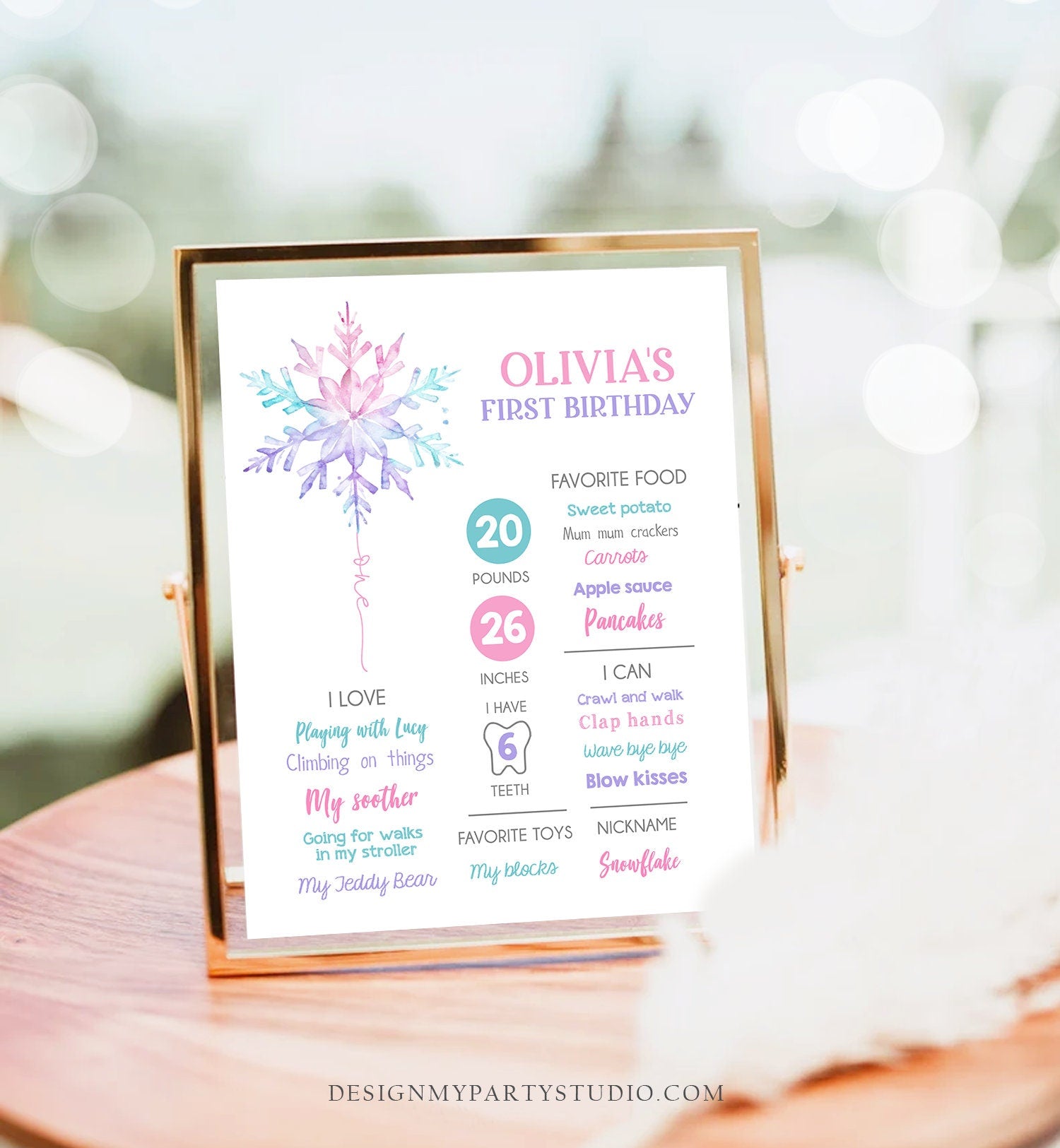 Editable Winter Birthday Milestones Sign Winter Onederland Watercolor Snowflake First Birthday Girl 1st Pink Corjl Template Printable 0494