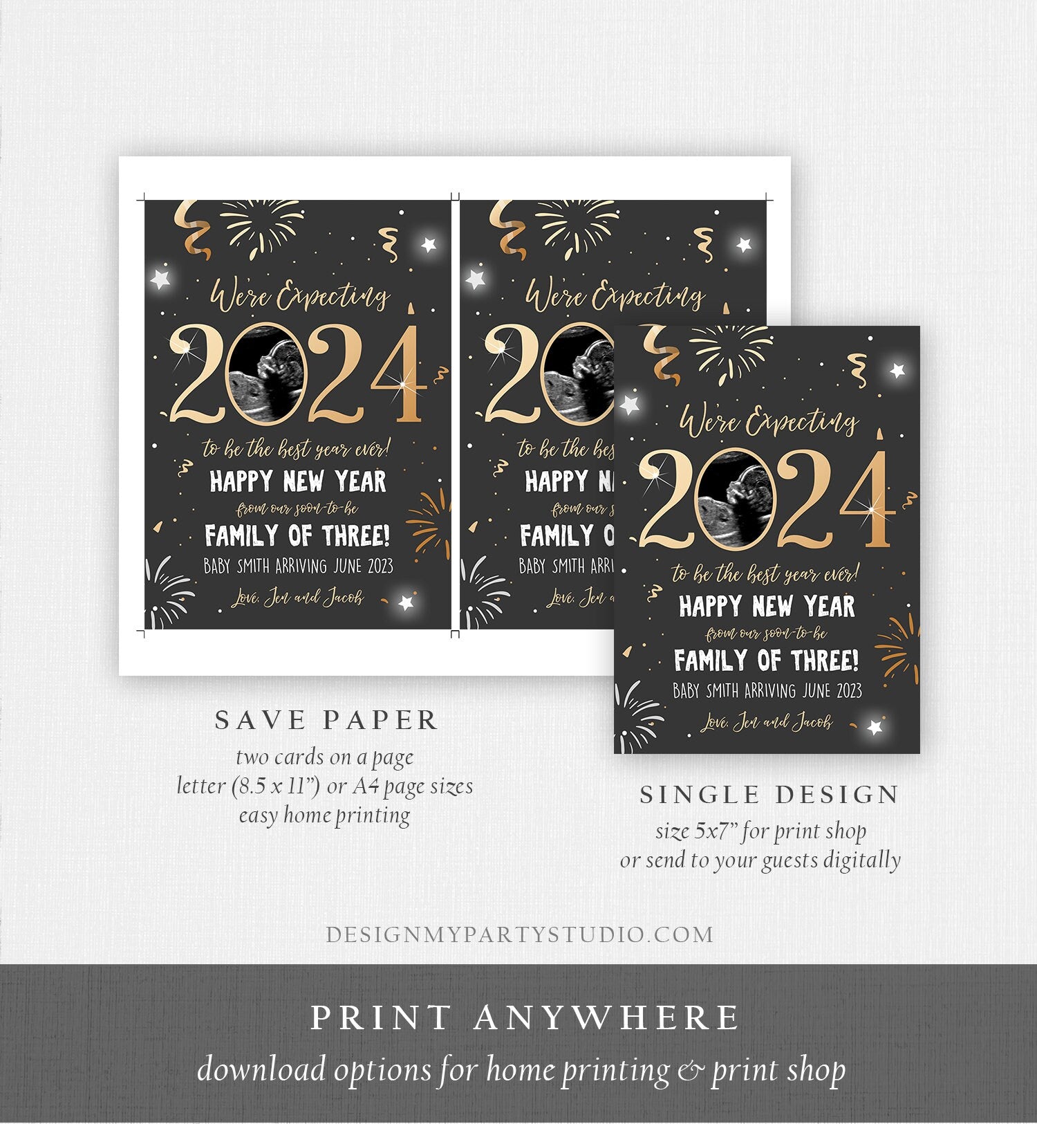 Editable New Year Pregnancy Reveal Card Pregnancy Announcement New Years 2024 Ultrasound Card Instant Download Digital Corjl Template 0280