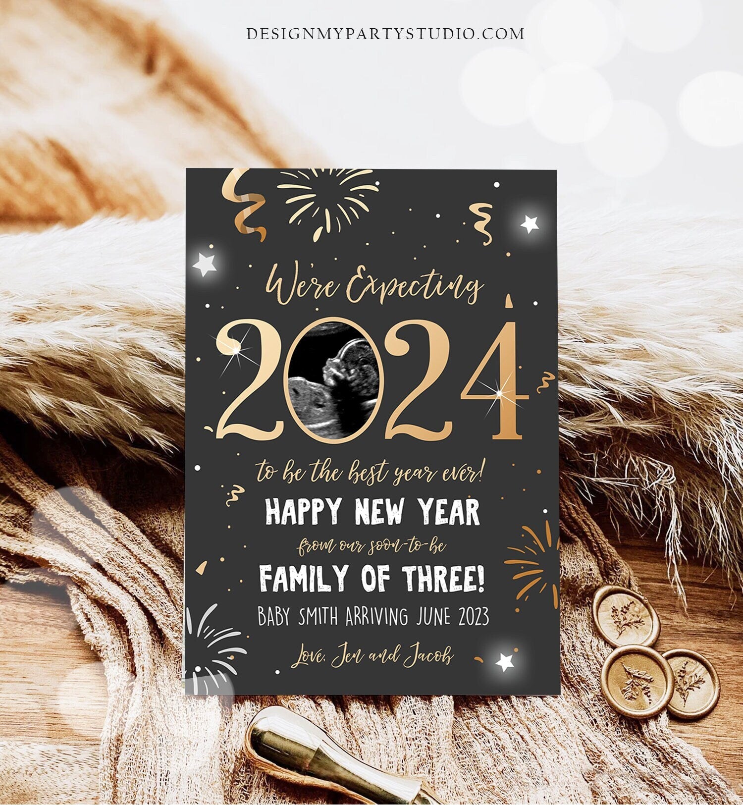 Editable New Year Pregnancy Reveal Card Pregnancy Announcement New Years 2024 Ultrasound Card Instant Download Digital Corjl Template 0280