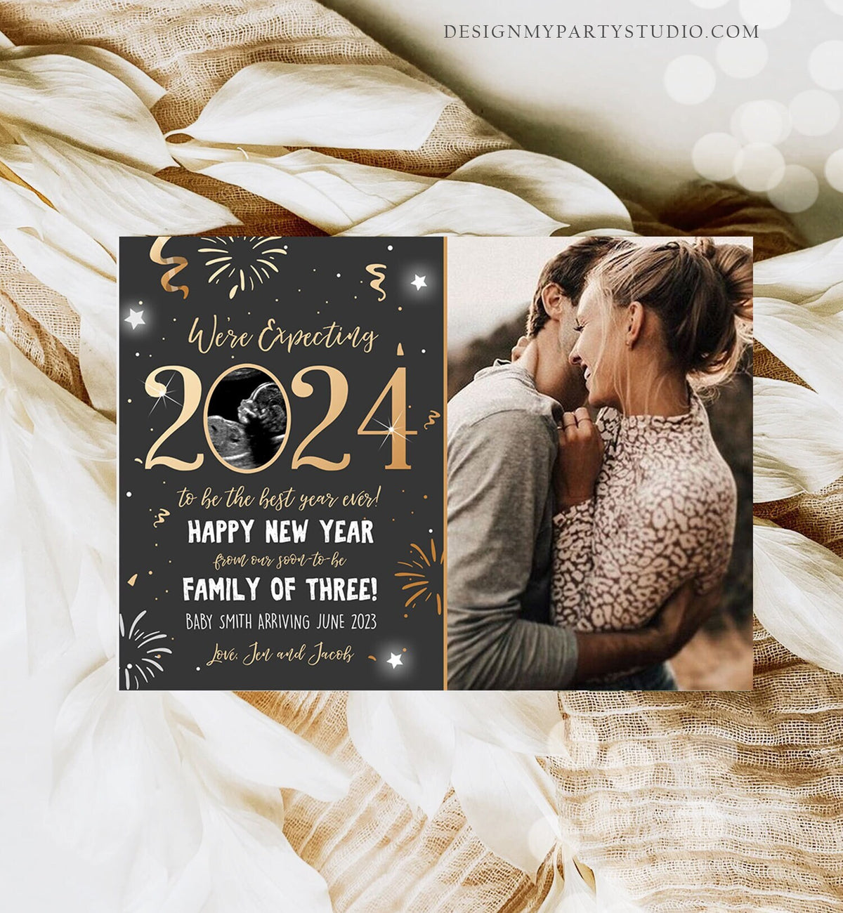 Editable New Year Pregnancy Reveal Card Pregnancy Announcement New Years 2024 Ultrasound Card Instant Download Digital Corjl Template 0280