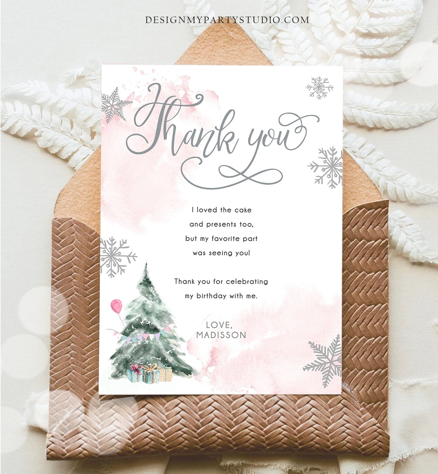 Editable Winter Tree Thank You Card Watercolor Birthday Winter Onederland Pink Girl Christmas Snow Snowflake Template Download Corjl 0363