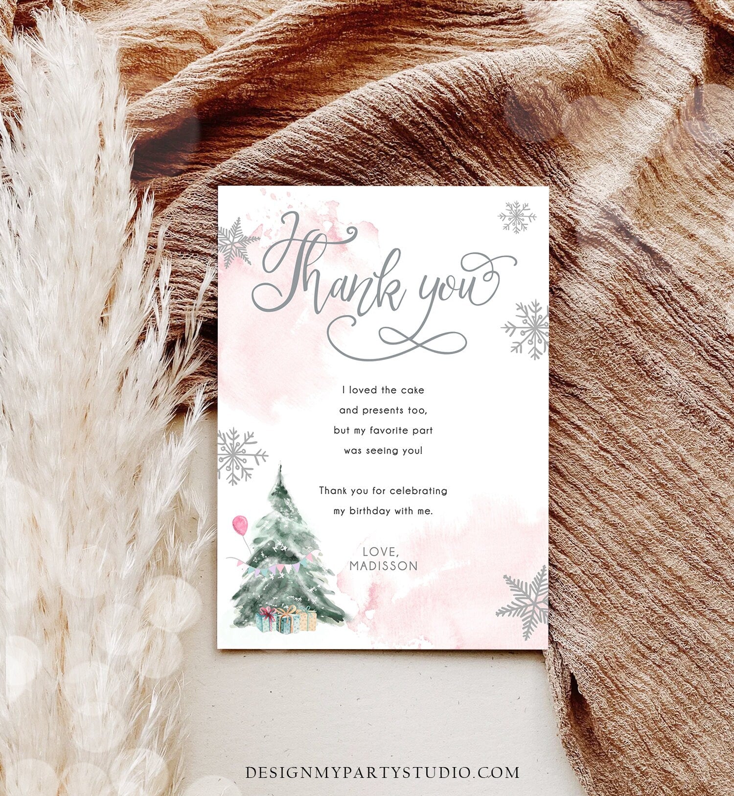 Editable Winter Tree Thank You Card Watercolor Birthday Winter Onederland Pink Girl Christmas Snow Snowflake Template Download Corjl 0363