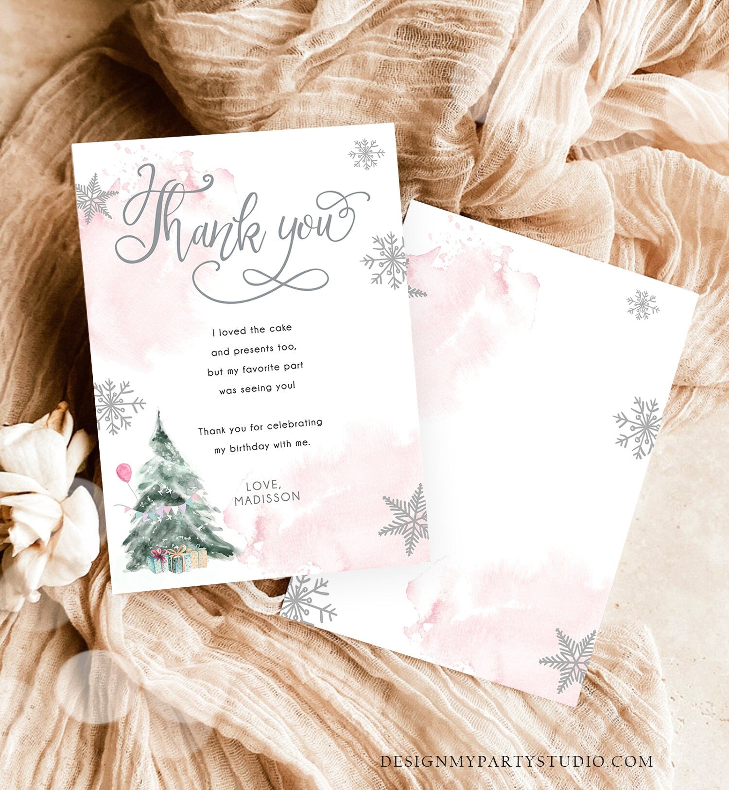 Editable Winter Tree Thank You Card Watercolor Birthday Winter Onederland Pink Girl Christmas Snow Snowflake Template Download Corjl 0363