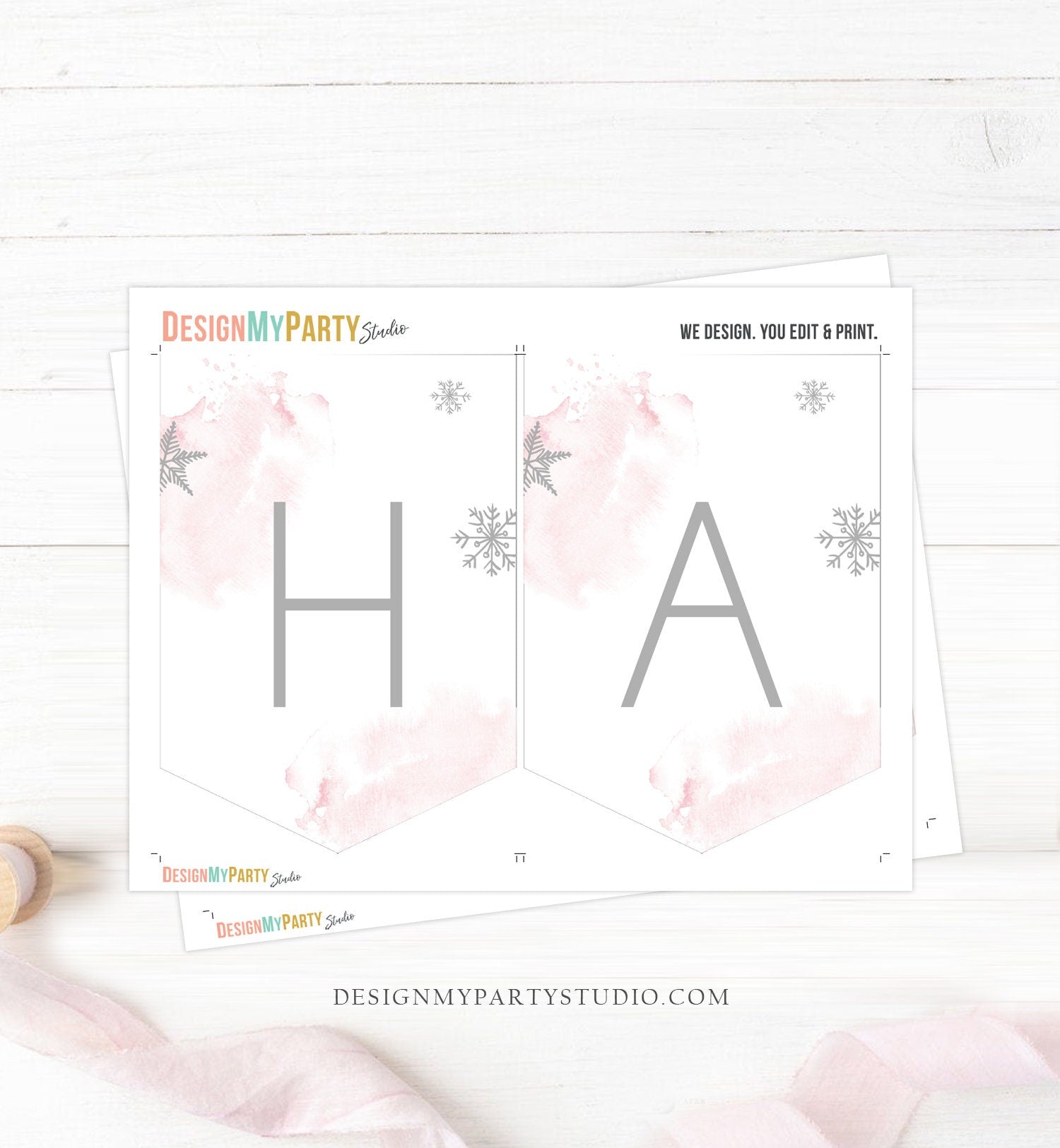 Happy Birthday Banner Winter Tree Birthday Girl Winter Onederland Magical Winter Christmas Silver Pink Download PRINTABLE DIGITAL DIY 0363