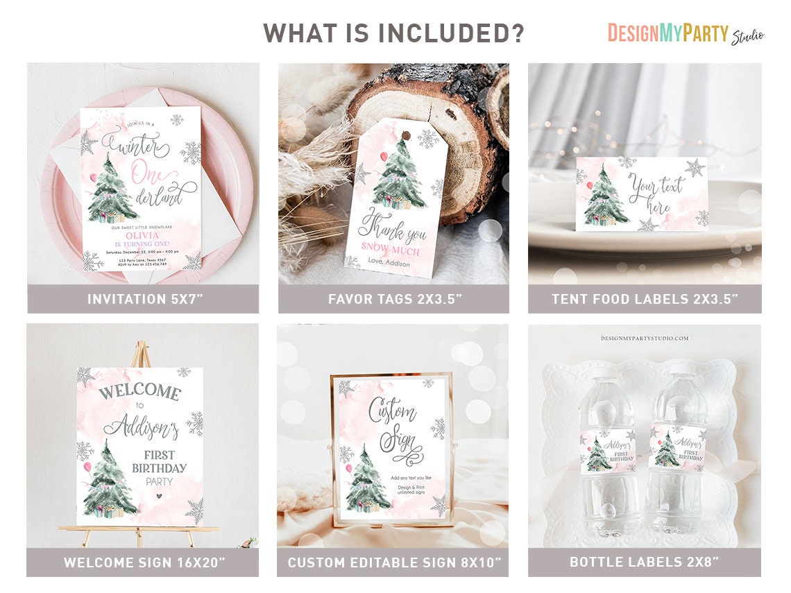 Winter ONEderland Birthday Bundle Christmas Girl Pink Silver 1st First Birthday Tree Snowflakes Watercolor Printable Corjl Template 0363