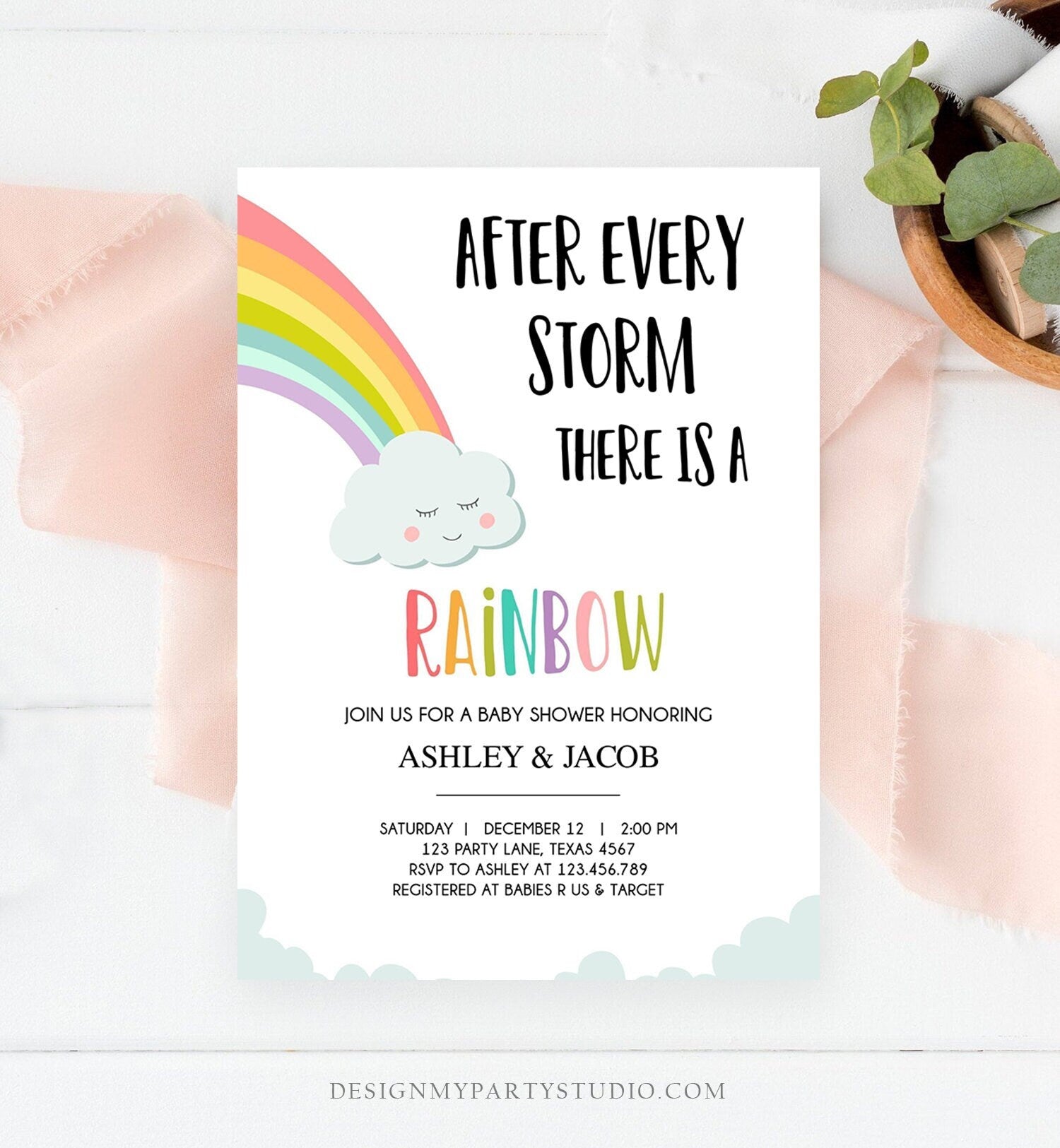 Editable Rainbow Baby Shower Invitation Rainbow Baby After a Loss Cloud Gender Neutral Digital Download Evite Template Printable 0233