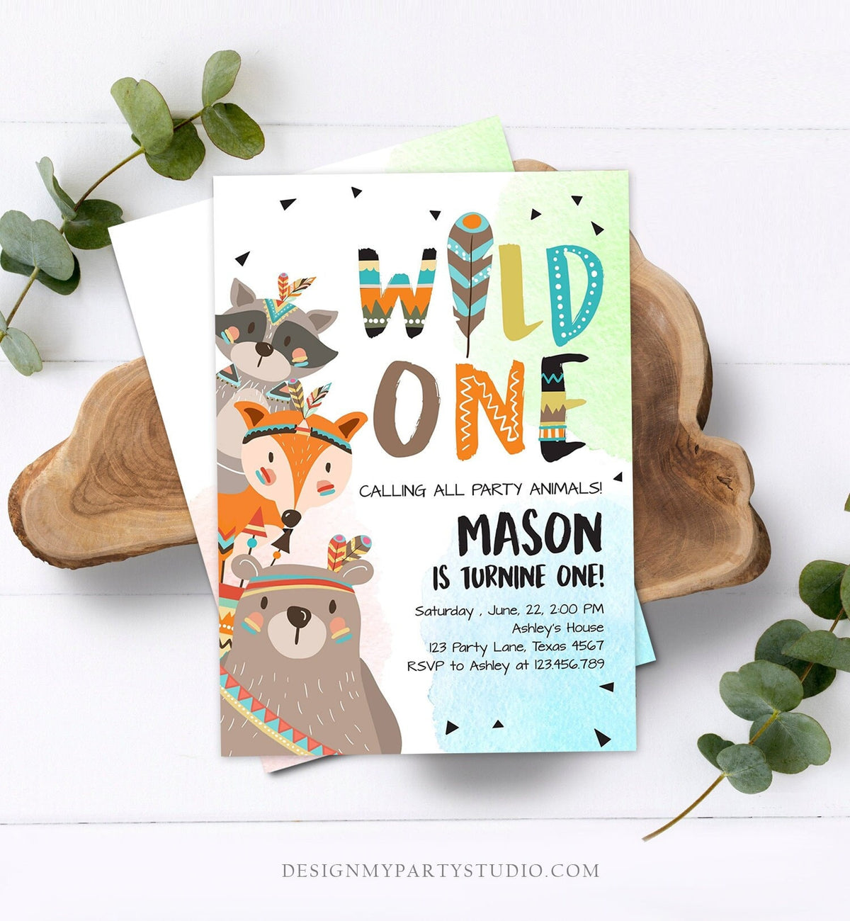 Editable Tribal Woodland Wild One First Birthday Invitation Boho Woodland Animals Boy Instant Download Printable Template Corjl Digital 0061