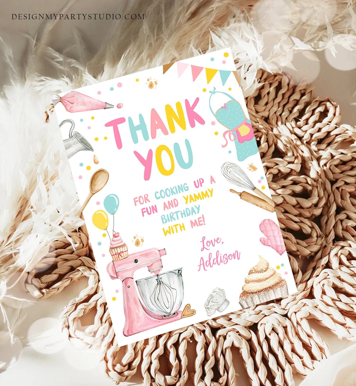 Editable Baking Thank You Card Kids Cooking Birthday Thank You Note Girl Chef Kitchen Cupcake Decorating Corjl Template Printable 0364