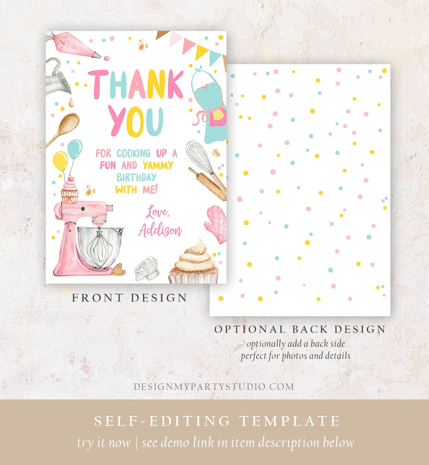 Editable Baking Thank You Card Kids Cooking Birthday Thank You Note Girl Chef Kitchen Cupcake Decorating Corjl Template Printable 0364