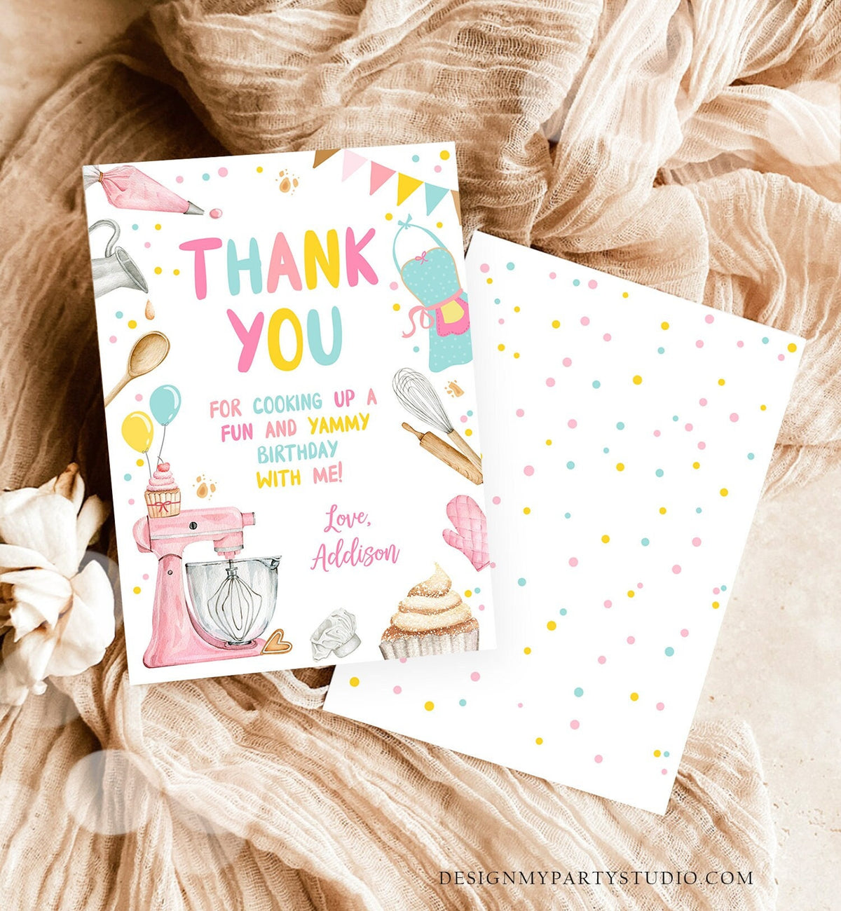 Editable Baking Thank You Card Kids Cooking Birthday Thank You Note Girl Chef Kitchen Cupcake Decorating Corjl Template Printable 0364