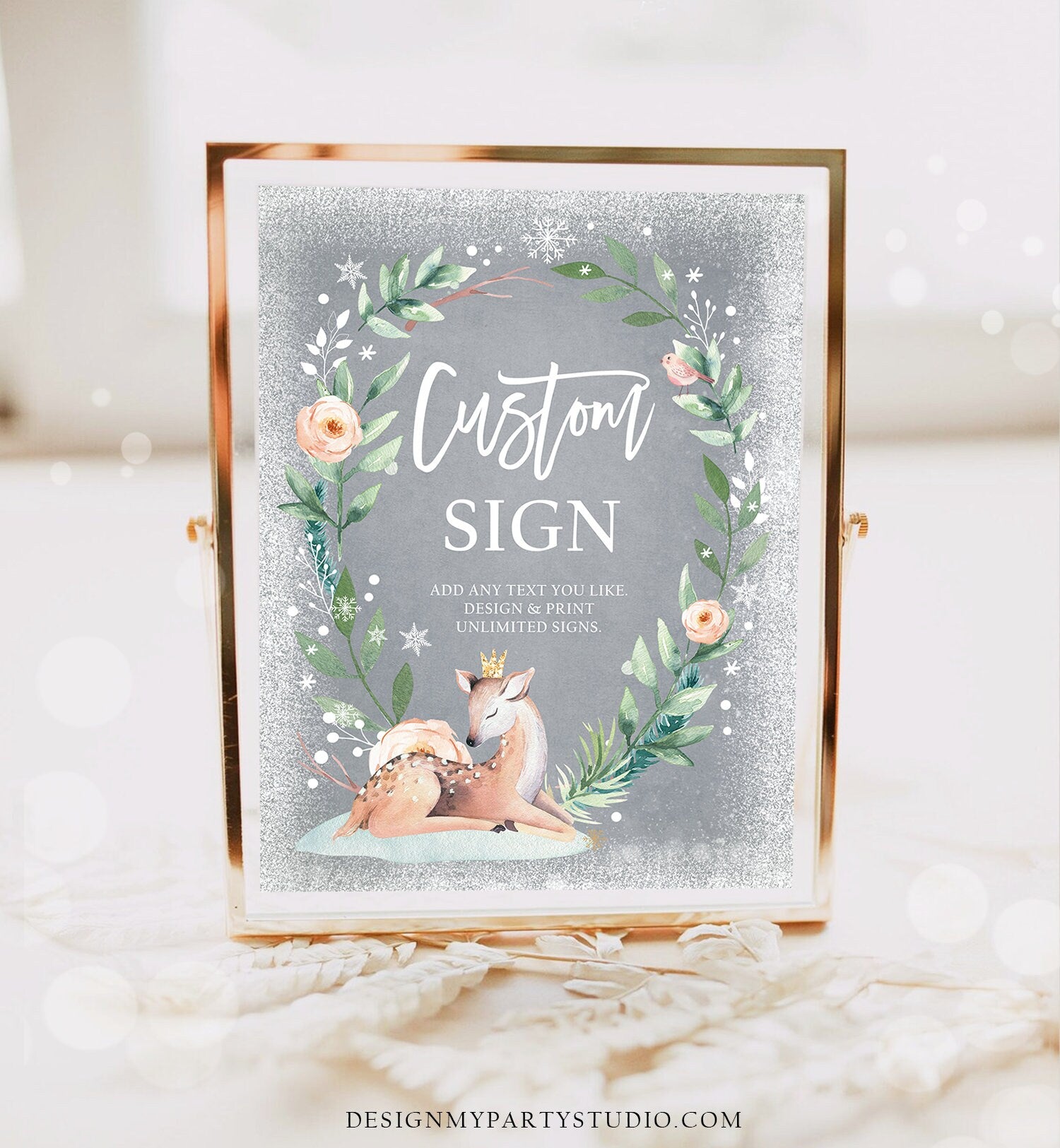 Editable Custom Sign Winter Deer First Birthday Baby Shower Sign Winter Onederland Cold Outside Pink Gold 8x10 Download PRINTABLE 0265