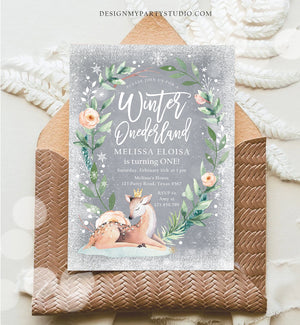 Editable Winter ONEderland Birthday Invitation Deer First Birthday Snowflakes Girl Pink Gold Foil Printable Invitation Template Corjl 0265