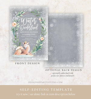 Editable Winter ONEderland Birthday Invitation Deer First Birthday Snowflakes Girl Pink Gold Foil Printable Invitation Template Corjl 0265