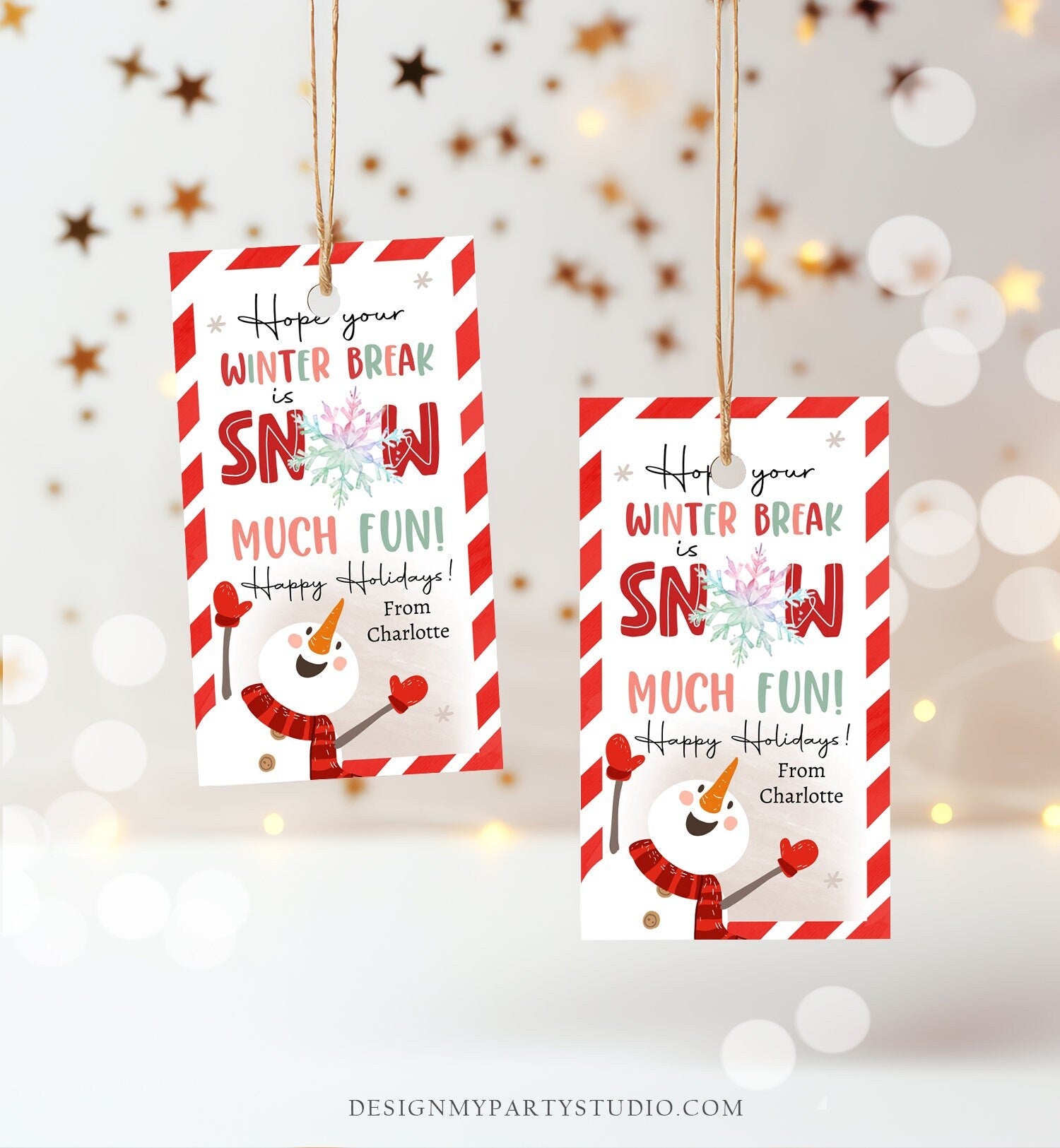 Editable Hope Your Winter Break is Snow Much Fun Gift Tags Christmas Tag Holiday Teacher Student Kids Preschool Kids Printable Corjl 0443