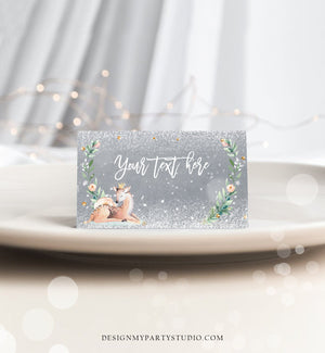 Editable Winter Deer Food Tent Label Place Card Baby It's Cold Outside Girl Birthday Baby Shower Snow Printable Template Corjl 0265