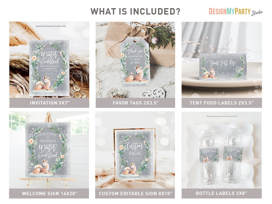 Winter Deer Birthday Bundle Winter ONEderland Girl Pink Gold 1st First Birthday Tree Snowflakes Watercolor Printable Corjl Template 0265