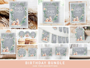 Winter Deer Birthday Bundle Winter ONEderland Girl Pink Gold 1st First Birthday Tree Snowflakes Watercolor Printable Corjl Template 0265