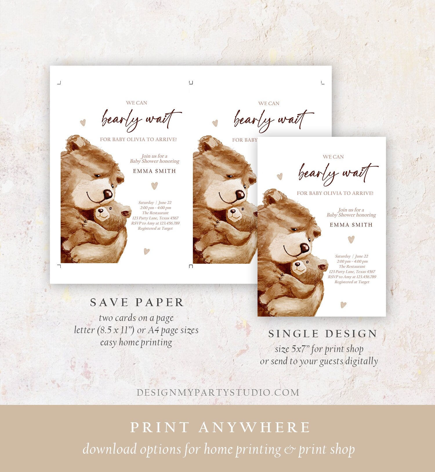 Editable We Can Bearly Wait Baby Shower Invitation Teddy Bear Gender Neutral Brown Boho Watercolor Digital Download Template Printable