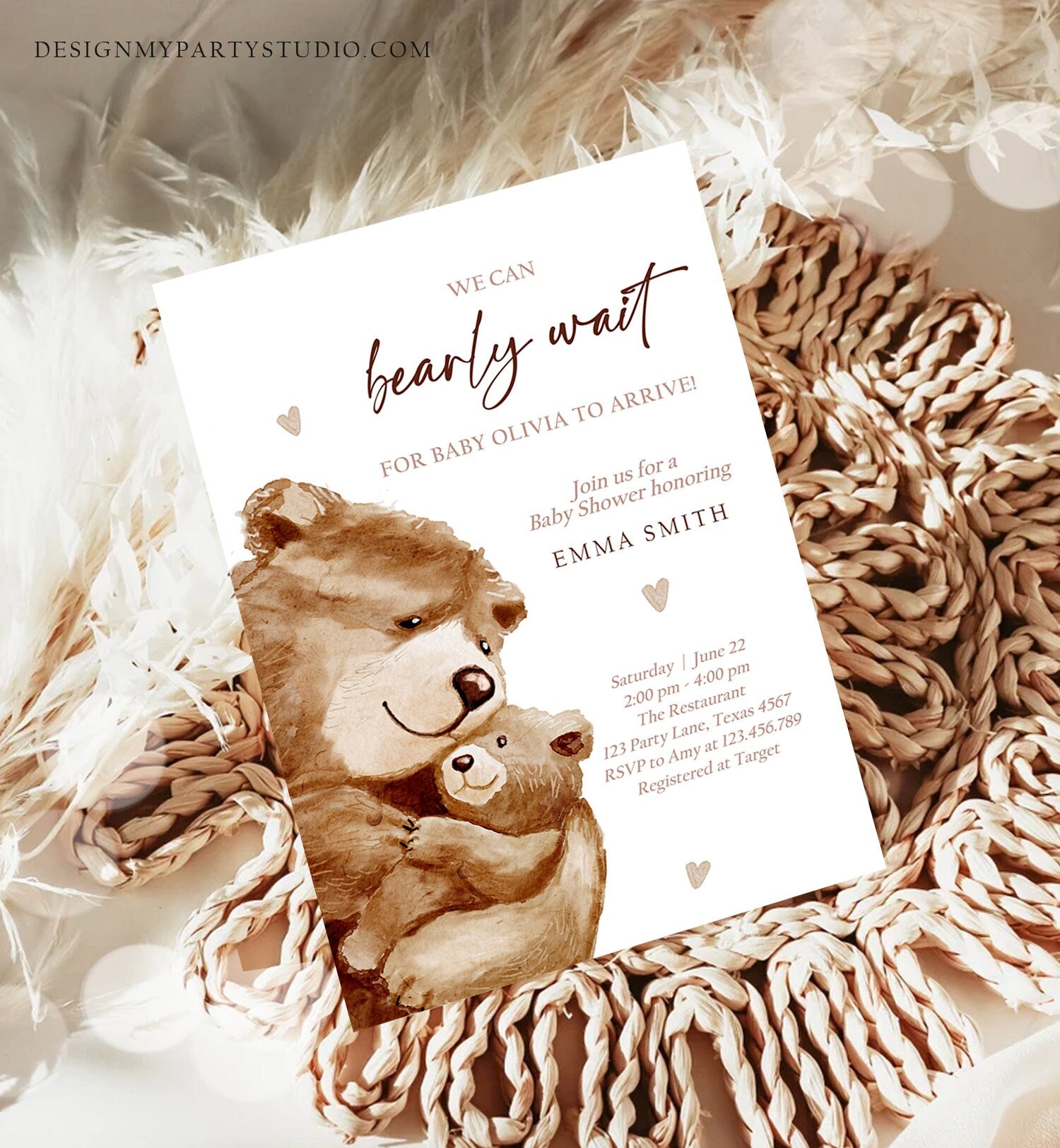 Editable We Can Bearly Wait Baby Shower Invitation Teddy Bear Gender Neutral Brown Boho Watercolor Digital Download Template Printable